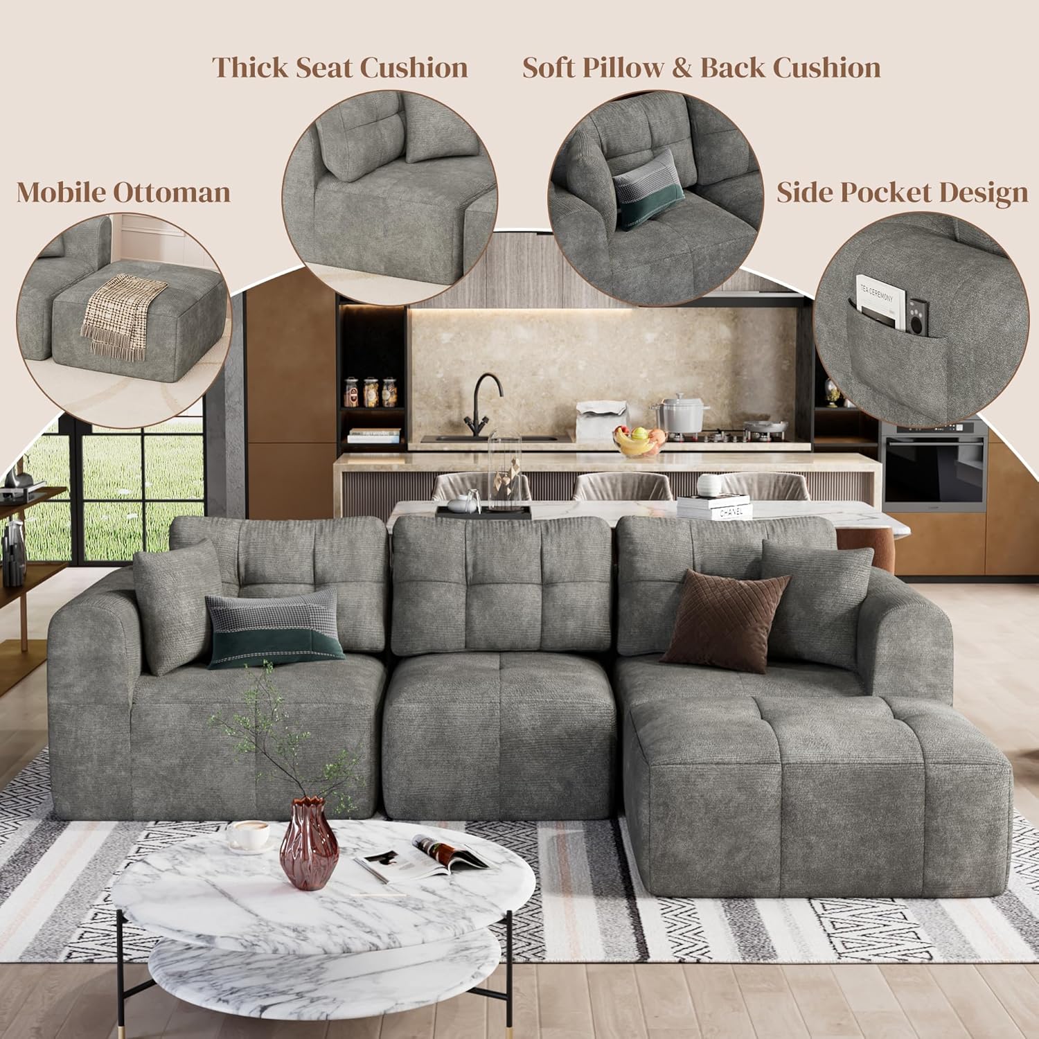ChVans 110" L-Shaped Sectional Sofa with Convertible Left/Right Ottoman, Boneless Sofa with Oversized Chaise & Layered Cushion, Upholstered Couches for Living Room Bedroom, No Assembly