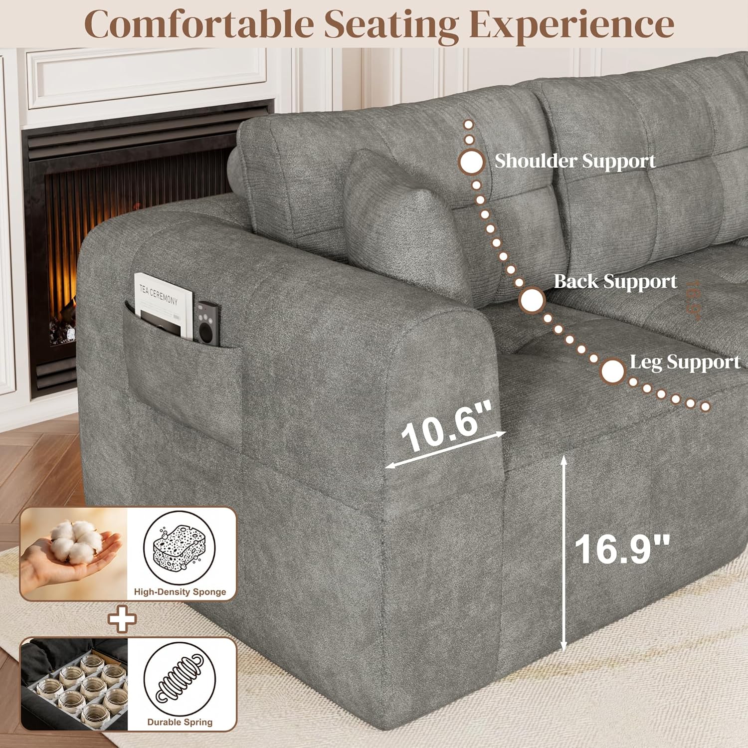ChVans 110" L-Shaped Sectional Sofa with Convertible Left/Right Ottoman, Boneless Sofa with Oversized Chaise & Layered Cushion, Upholstered Couches for Living Room Bedroom, No Assembly