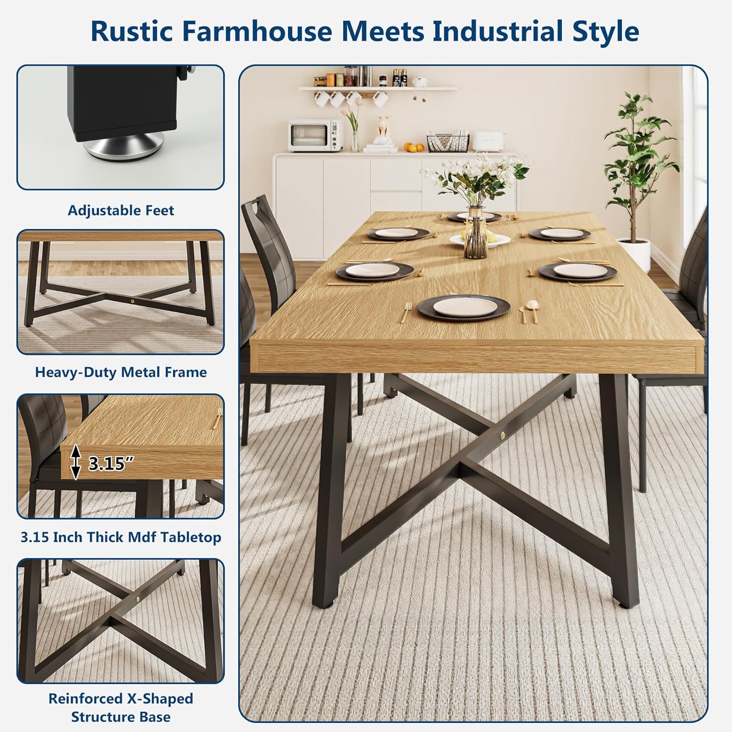 ANPOO 7 Pieces Dining Table & Chairs Set for 4-8 People, 71 Inch Kitchen Table with 6 Chairs, Rectangle Dining Table with Metal Legs for Dining Room, Living Room