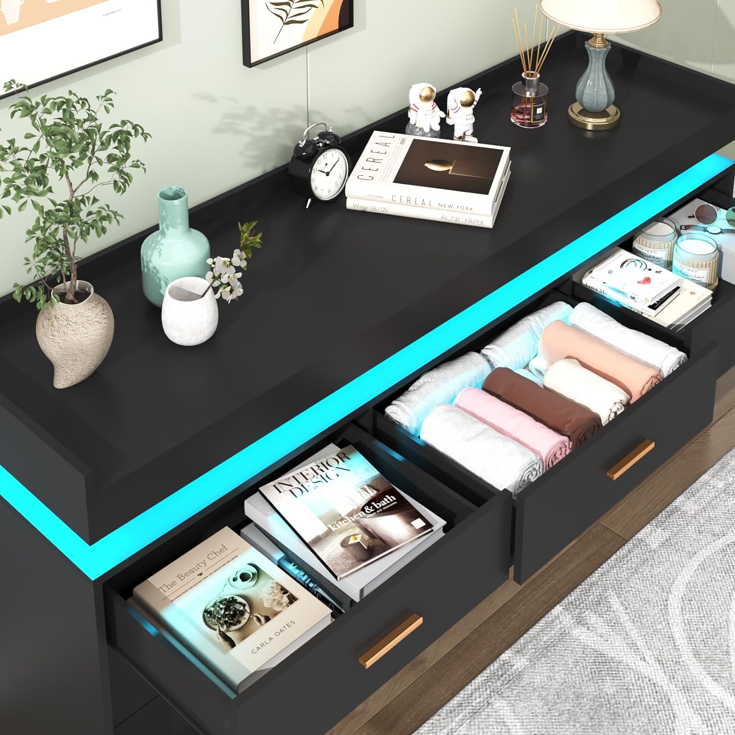 ChVans Black Dresser with LED Light, Modern Wood Dresser with Wide Drawers and Metal Handles, 9 drawer dresser for Bedroom, Living Room, Entryway, Hallway