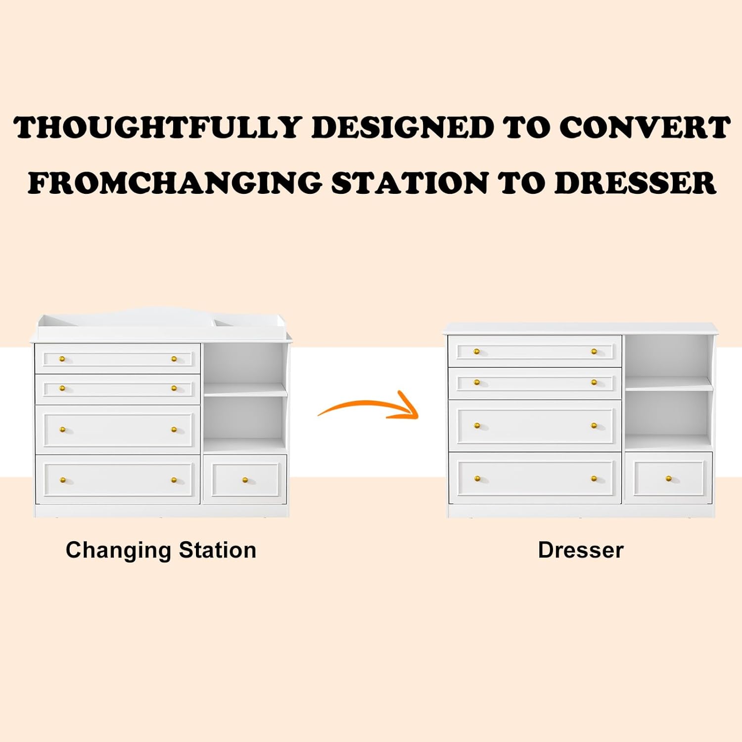 ChVans Changing Table Dresser, Baby Classic Nursery Dresser with 5 Drawers and 2 Shelves, Wood Chest of Drawers Nursery Storage Kids Organizer