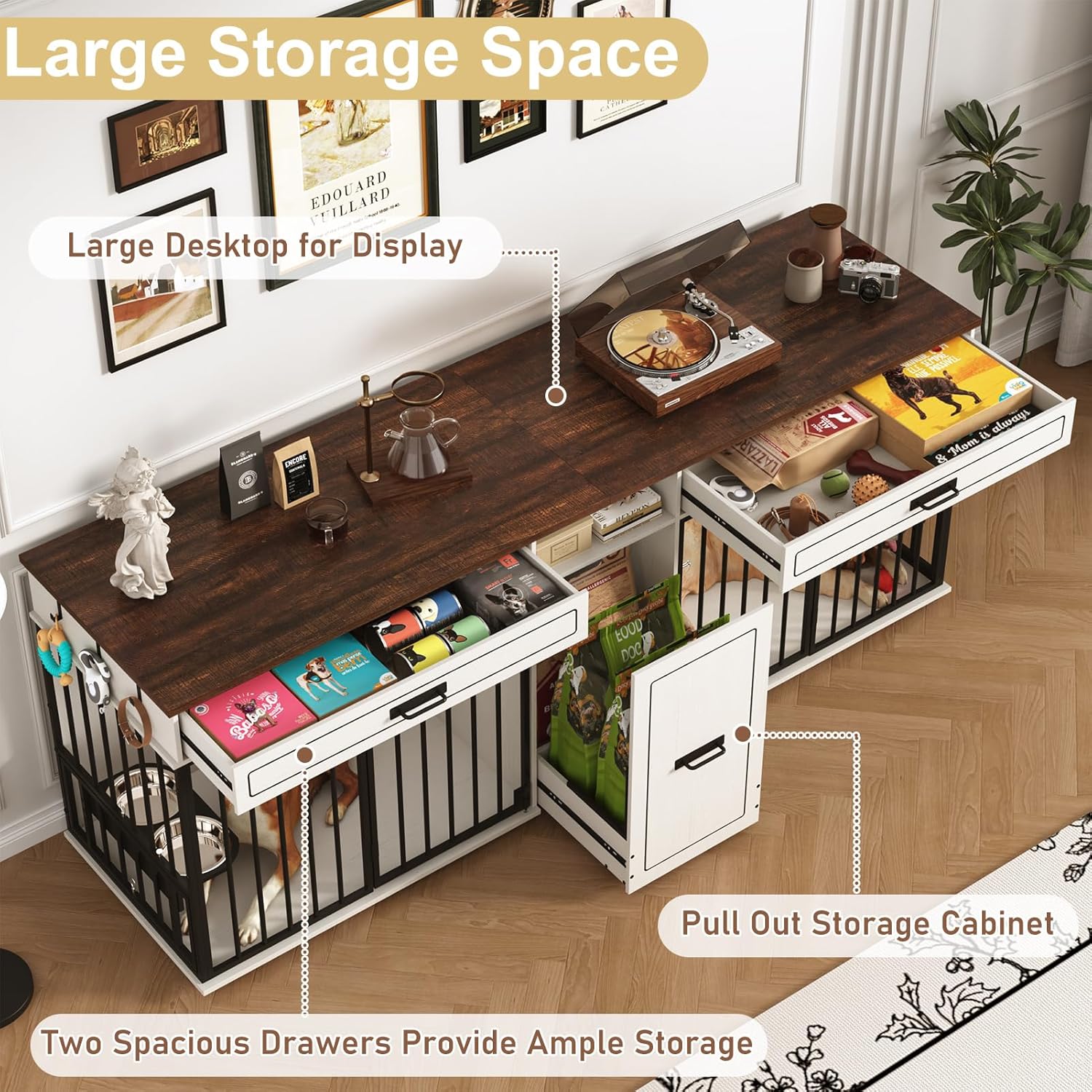 86.6" Dog Crate Furniture TV Stand for Large Breed Dogs, Wooden Kennel with Dual rooms, Dog Bowl, 2 Drawers &  Cabinet for Medium-Large Dogs