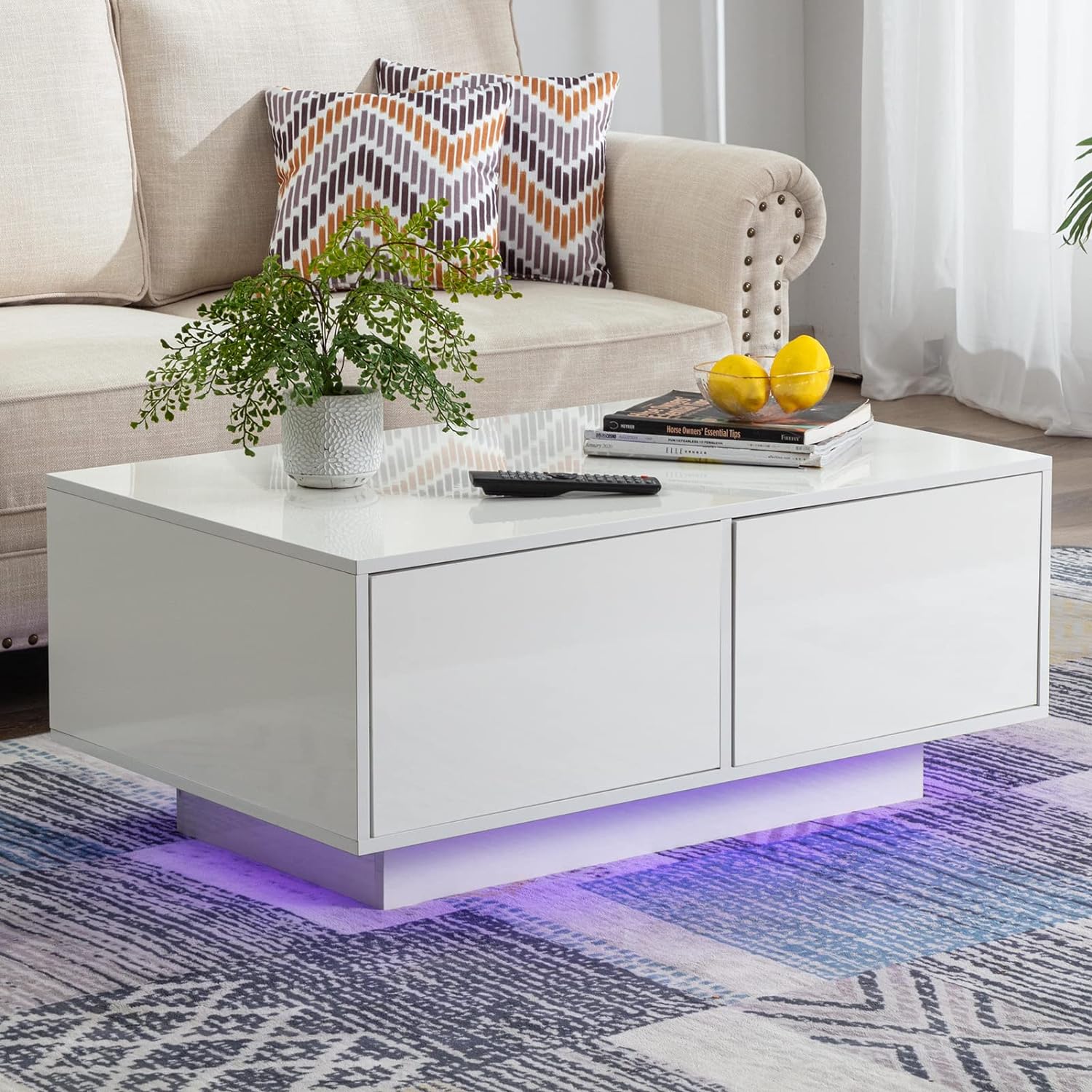 Chvans LED Coffee Table with 4 Storage Sliding Drawers, Black High Glossy Coffee Table with 16 Colors LED Lights, Rectangular Modern Center Table for Living Room