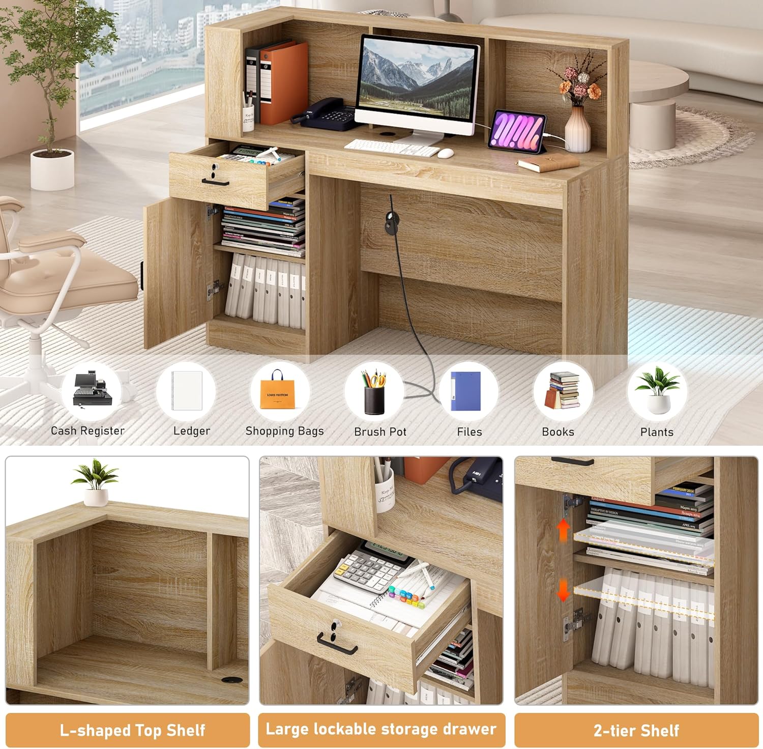 ANPOO 55" L-Shaped Reception Desk with LED Lights & Power Outlets - Front Desk with Cable Grommet & Lockable Drawers, Multi-Use Retail Checkout Counter for Lobby, Salon & Home Office