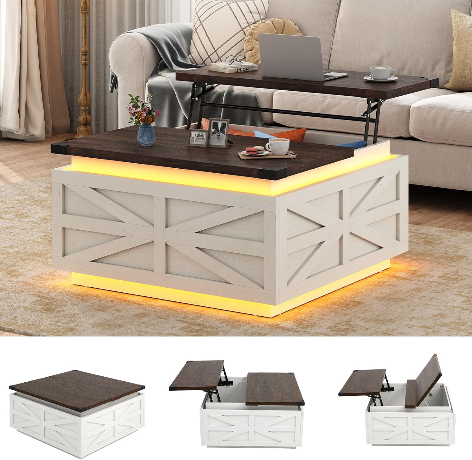 ChVans Farmhouse Lift Top Coffee Table, 35.8'' Large Square Coffee Table with Flip-Up Hidden Storage Compartment, White Center Table with LED Light for Living Room, Bedroom, Home Office
