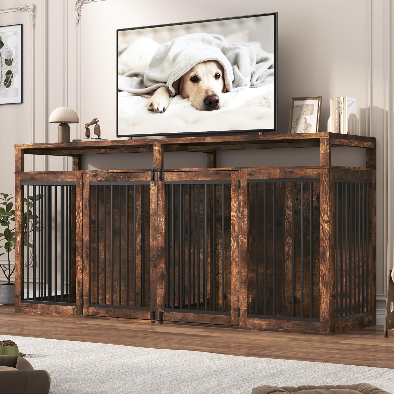 87" Large Farmhouse Dog Crate TV Stand,Wooden Dog Crate Furniture with 4 Lockable Doors/Solid Metal Tube,XL-XXL Heavty Duty Dog Crates Furniture for 2 Medium or Large Dogs,Rustic Brown