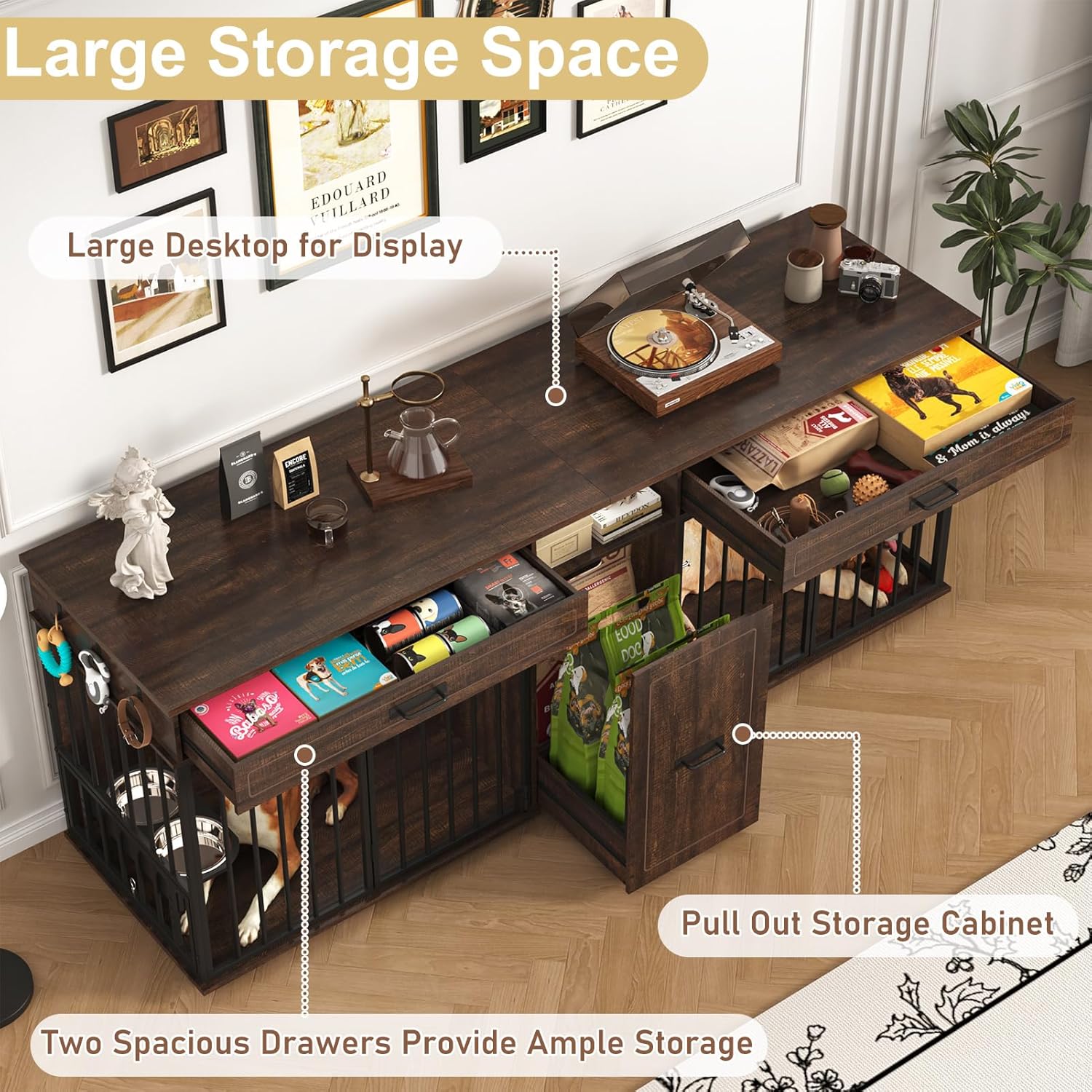 86.6" Dog Crate Furniture TV Stand for Large Breed Dogs, Wooden Kennel with Dual rooms, Dog Bowl, 2 Drawers &  Cabinet for Medium-Large Dogs