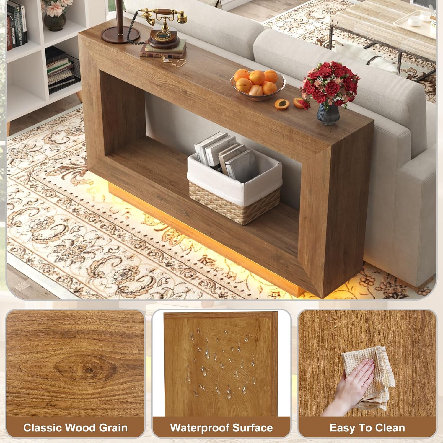 63" Long Farmhouse Console Table, Wood Entryway Accent Table with Storage & LED Lights, Floating Design for Living Room, Entrance, Hallway, Foyer