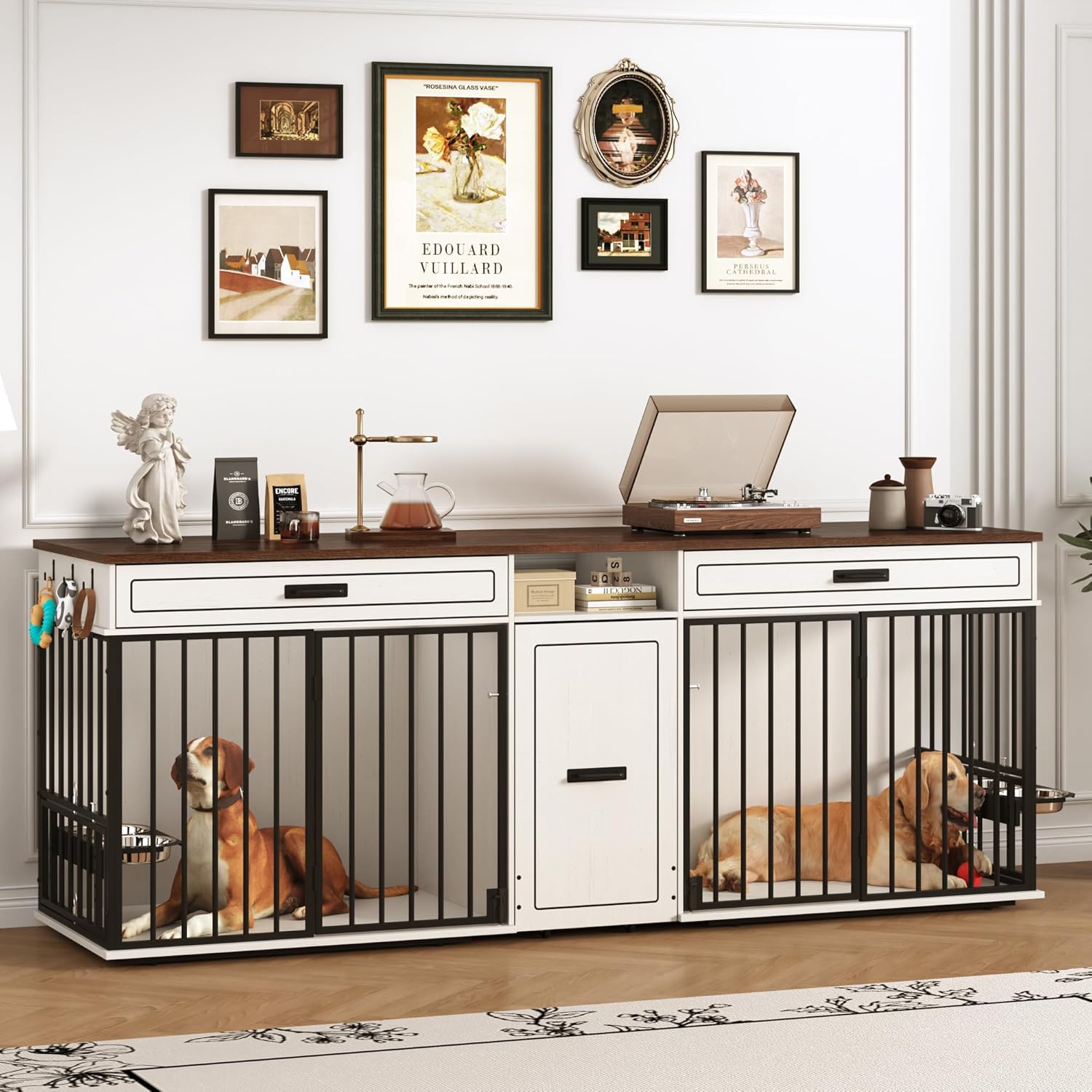 86.6" Dog Crate Furniture TV Stand for Large Breed Dogs, Wooden Kennel with Dual rooms, Dog Bowl, 2 Drawers &  Cabinet for Medium-Large Dogs