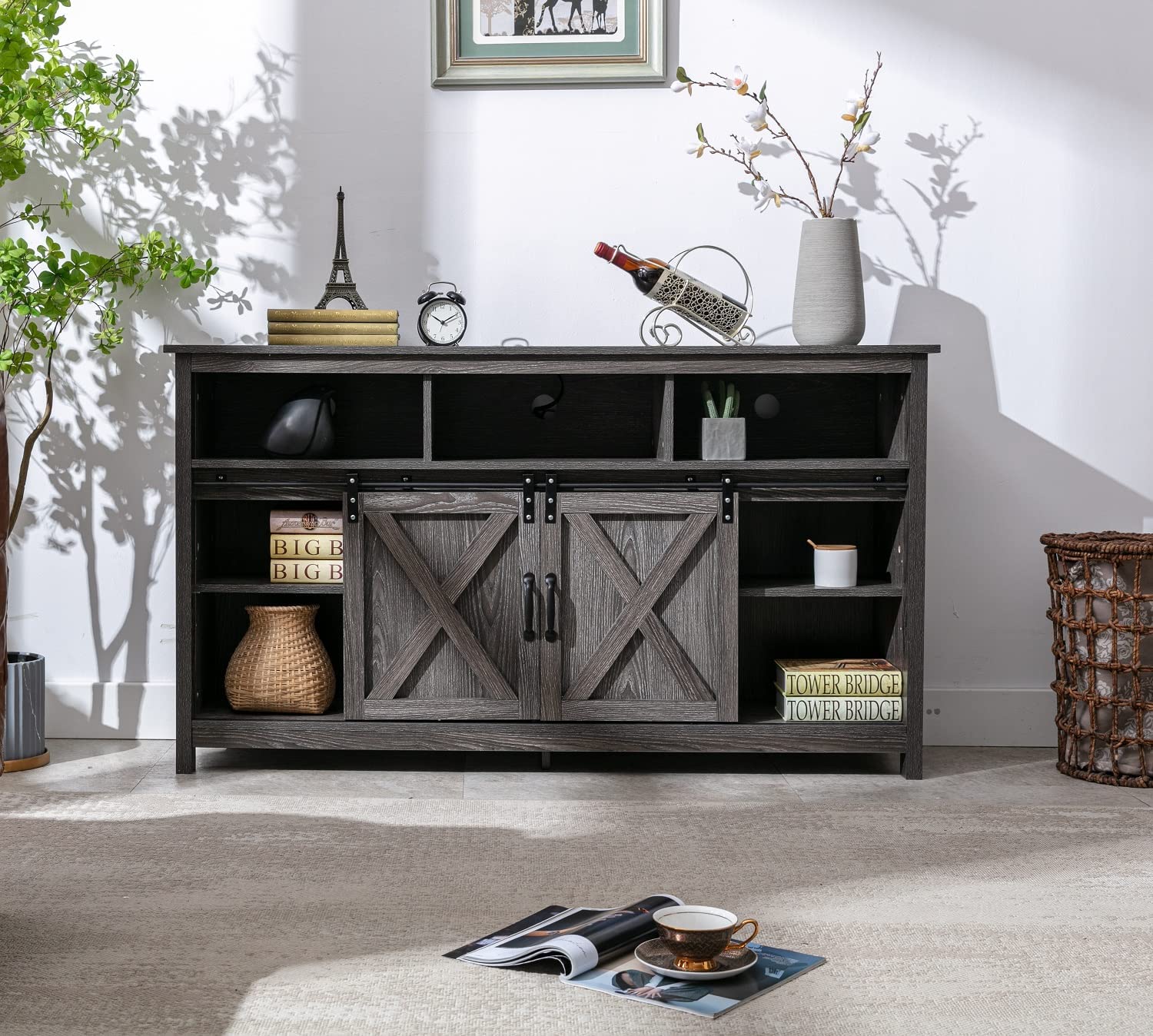 Farmhouse Barn Door TV Cabinet Up to 65" TV Media Console with Open Shelves Adjustable Storage, Entertainment Center with Power Outlets