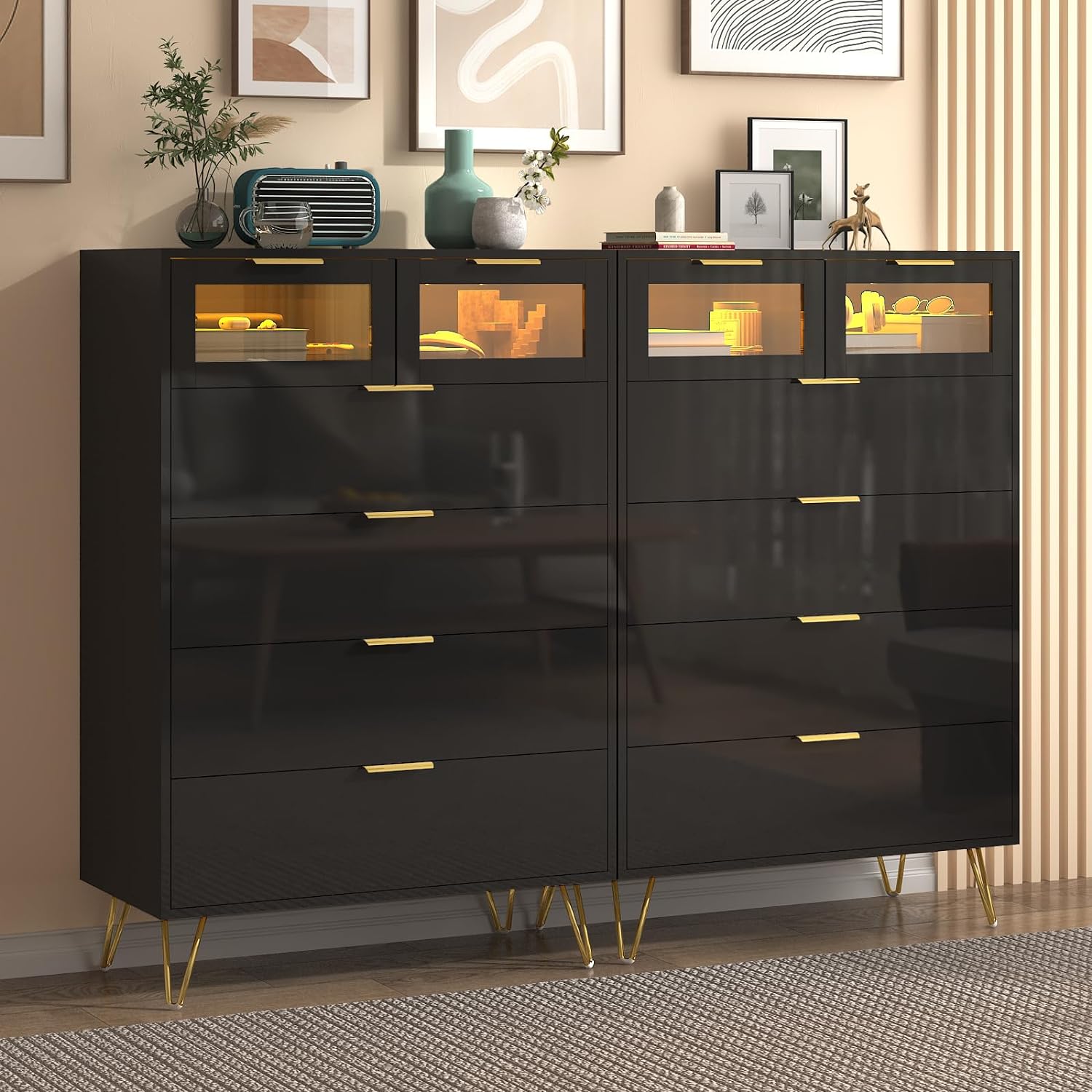 ChVans 6 Drawers Dresser with LED Light, Modern Dressers & Chests of Drawers with Metal Handles for Bedroom, Living Room, Entryway, Hallway(Black)