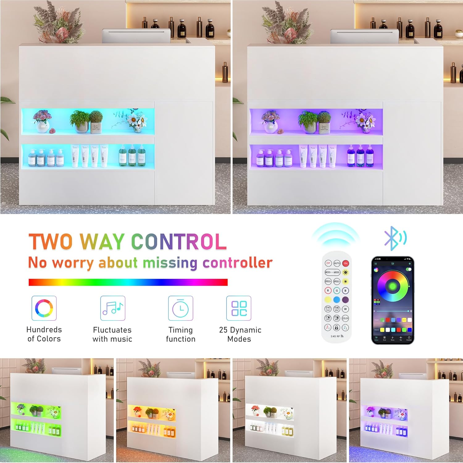 ANPOO 55" L-Shaped Reception Desk with LED Lights & Power Outlets - Front Desk with Cable Grommet & Lockable Drawers, Multi-Use Retail Checkout Counter for Lobby, Salon & Home Office