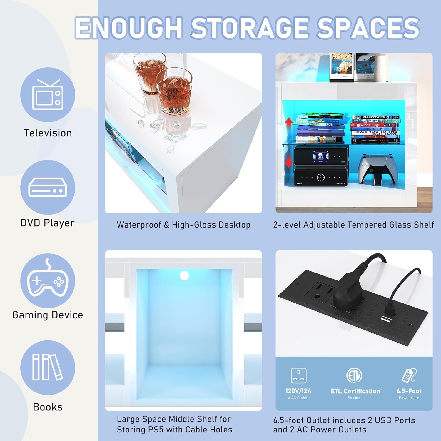 ChVans Modern LED TV Stand for TVs up to 70" with Adjustable LED Lights/Outlet, High Gloss Entertainment Center with Open Shelves Storage, Media Console TV Stands for Living Room, Game room, Bedroom