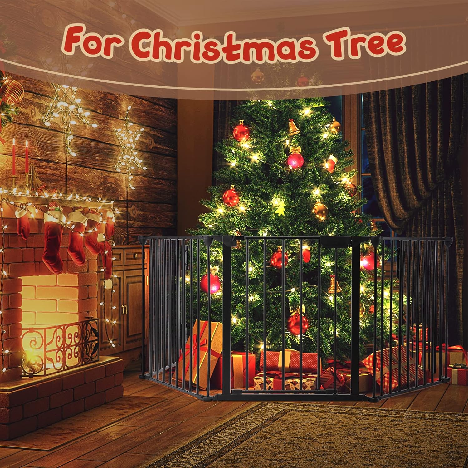 ChVans Fireplace Safety Fence, Fits 72''-118'' Wide, Metal Baby Gate with Door, Safety Fence for Toddlers/Pets/Dogs, 5-Panel