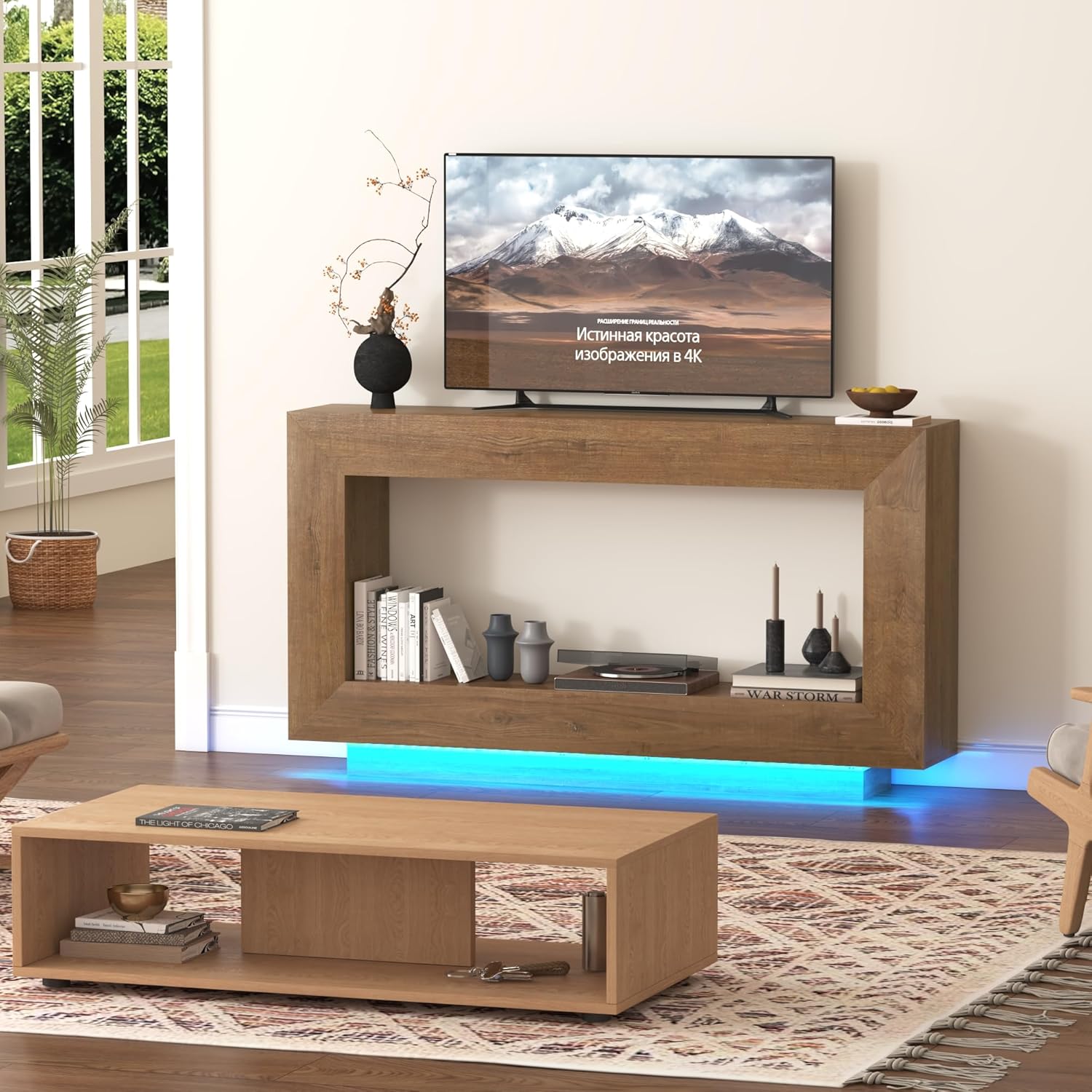 63" Long Farmhouse Console Table, Wood Entryway Accent Table with Storage & LED Lights, Floating Design for Living Room, Entrance, Hallway, Foyer