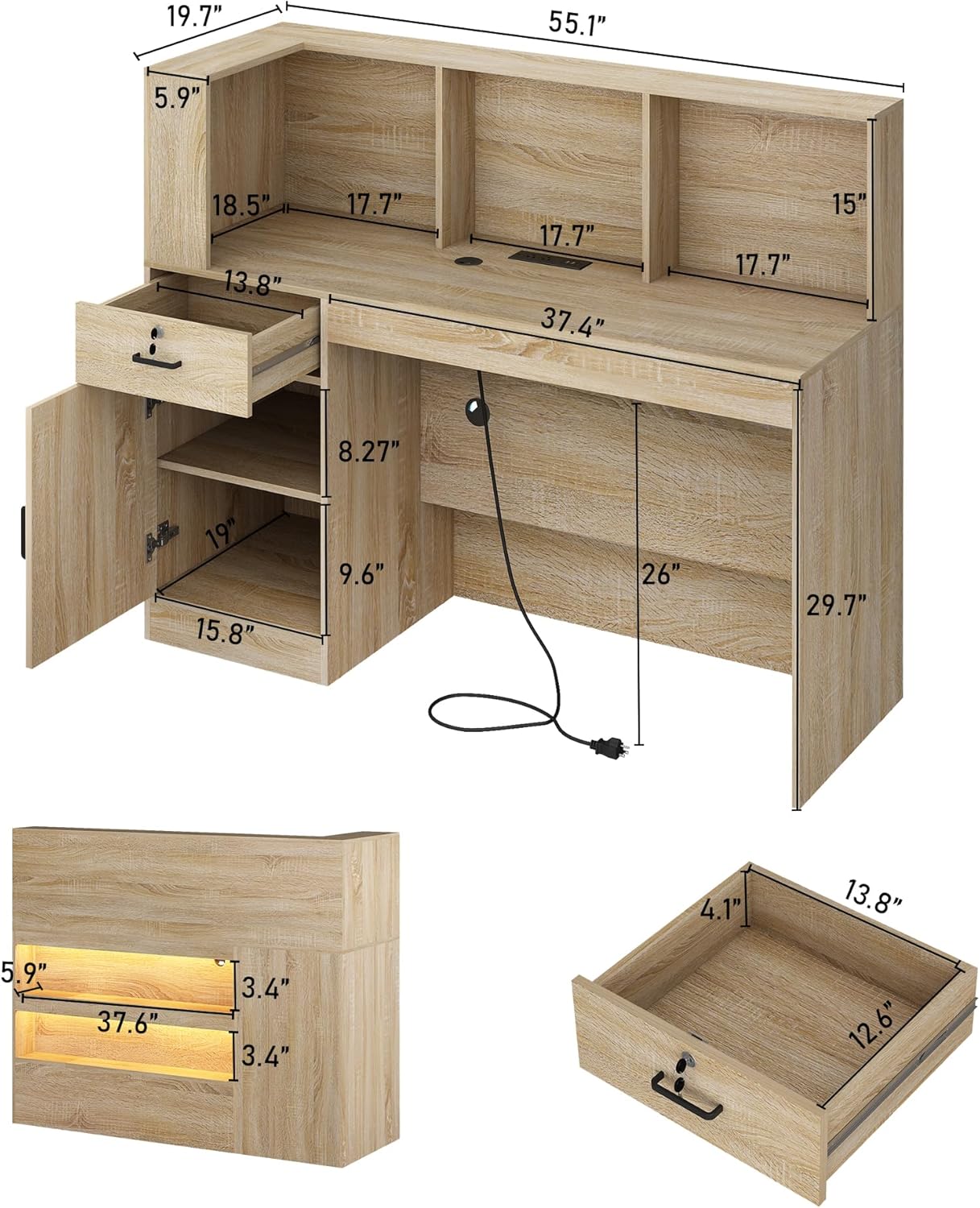 ANPOO 55" L-Shaped Reception Desk with LED Lights & Power Outlets - Front Desk with Cable Grommet & Lockable Drawers, Multi-Use Retail Checkout Counter for Lobby, Salon & Home Office