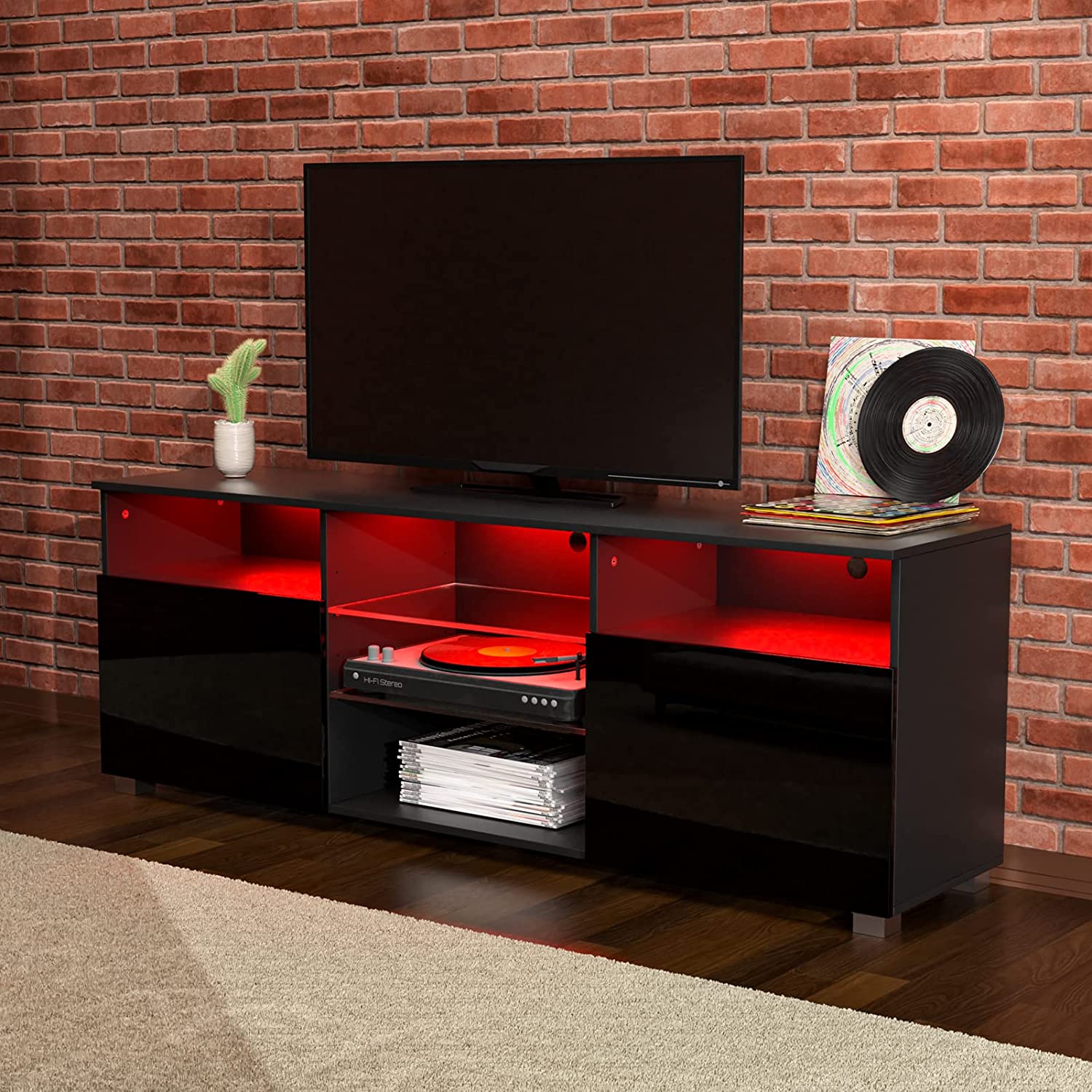 ChVans LED TV Stand for 65 inch TV, High Glass Modern Entertainment Center with LED Lights and Glossy Cabinets
