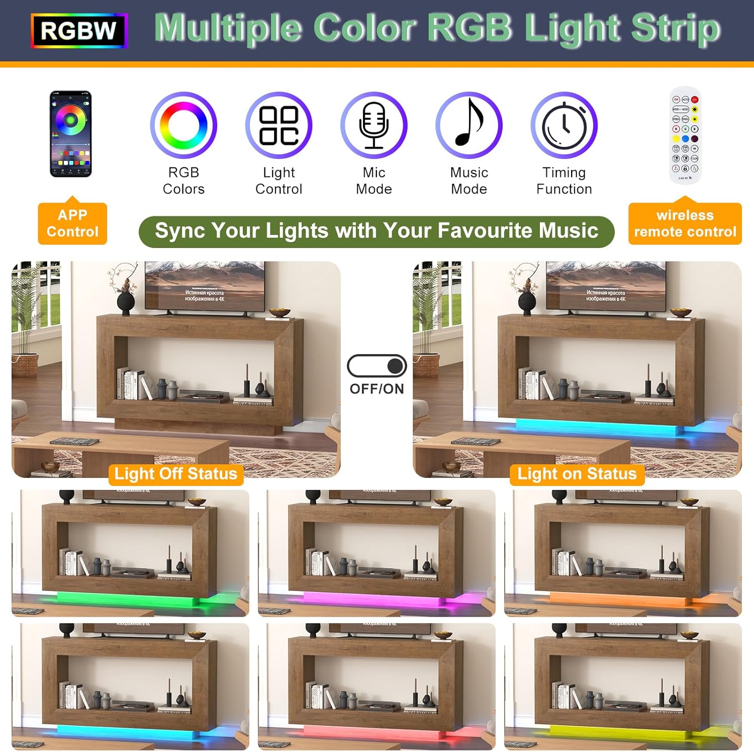 63" Long Farmhouse Console Table, Wood Entryway Accent Table with Storage & LED Lights, Floating Design for Living Room, Entrance, Hallway, Foyer