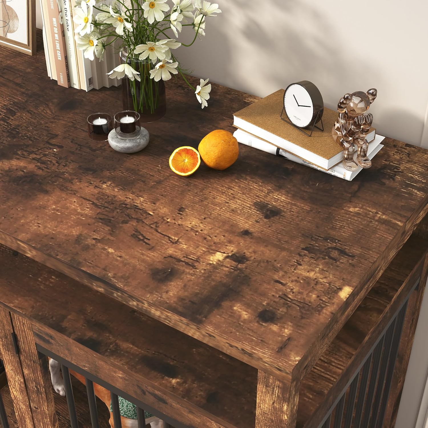 87" Large Farmhouse Dog Crate TV Stand,Wooden Dog Crate Furniture with 4 Lockable Doors/Solid Metal Tube,XL-XXL Heavty Duty Dog Crates Furniture for 2 Medium or Large Dogs,Rustic Brown