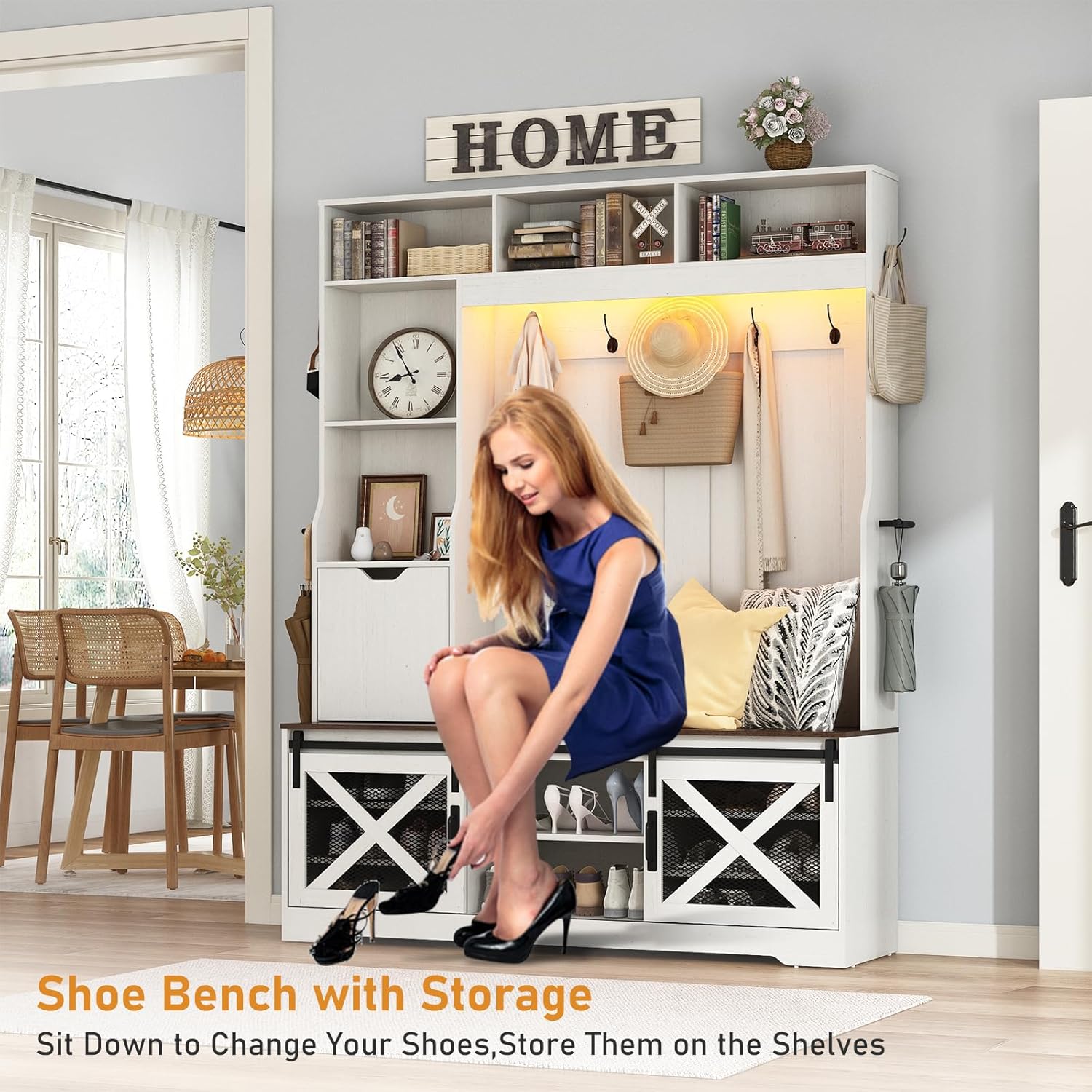 ChVans 75'' LED Farmhouse Hall Tree with 2 Sliding Barn Doors, White Hall Tree with Storage Bench, Drawer, Coat Hanger, 16 Shoe Cabinet & Umbrella Holder, Hallway Entryway Bench, Rustic