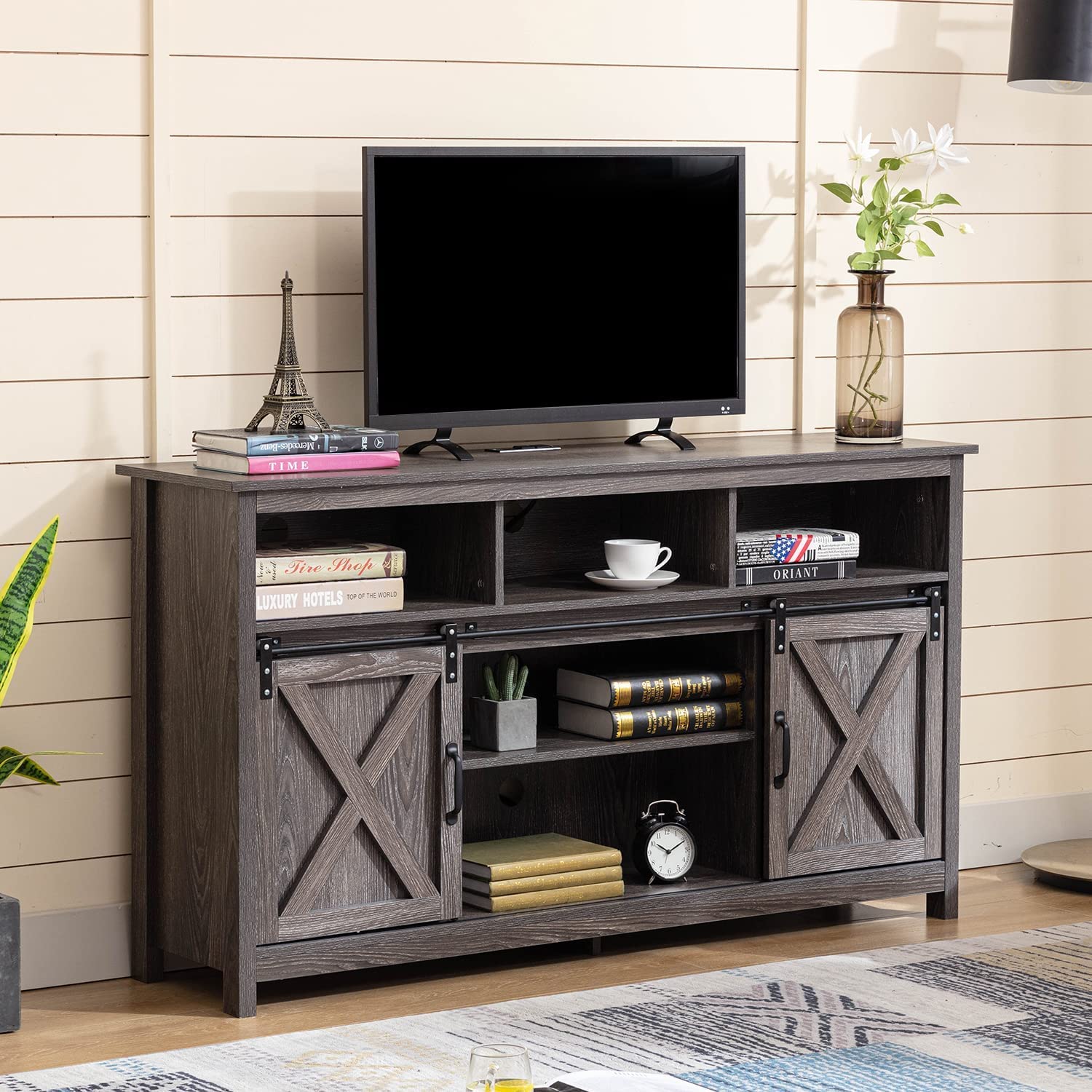 Farmhouse Barn Door TV Cabinet Up to 65" TV Media Console with Open Shelves Adjustable Storage, Entertainment Center with Power Outlets