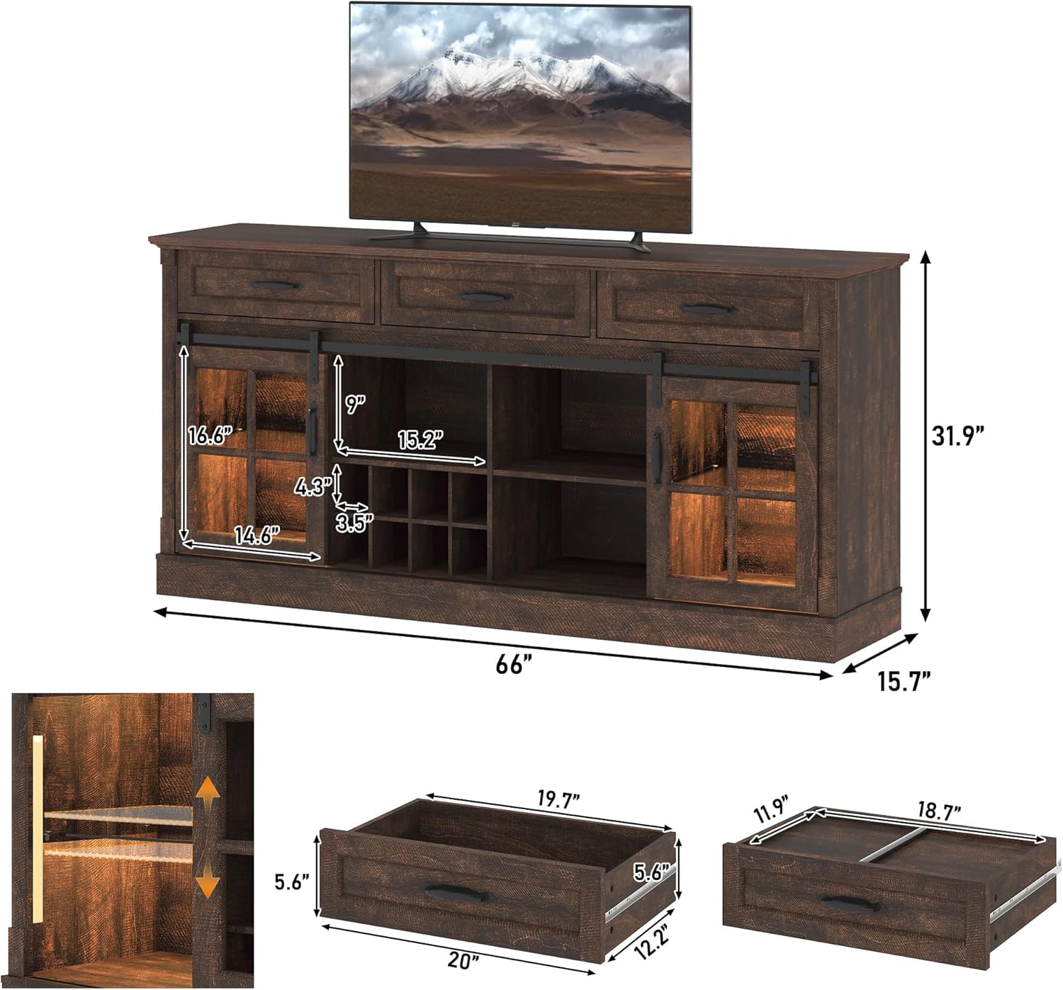 66" Large Sideboard Buffet Cabinet with Sensor Lights and 3 Drawers, Modern Farmhouse Coffee Bar Cabinet with 8 Storage Wine & Sliding Glass Doors for Kitchen Dining Room Living Room