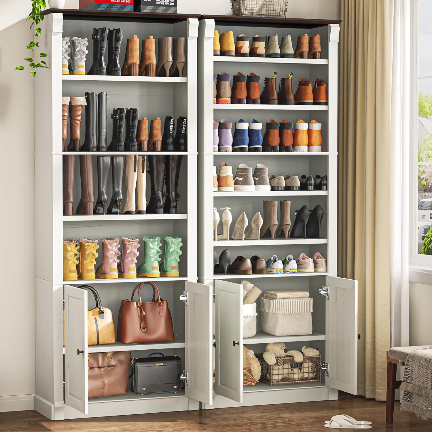 ANPOO 80" Tall Modern Farmhouse Shoe Storage Cabinet, 11-Tier Freestanding Shoe Organizer with Adjustable Shelves and Hidden Closed Cabinet, Large Capacity Wooden Shoe Rack for Entryway