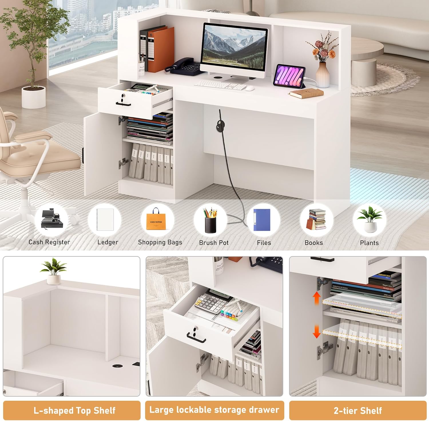 ANPOO 55" L-Shaped Reception Desk with LED Lights & Power Outlets - Front Desk with Cable Grommet & Lockable Drawers, Multi-Use Retail Checkout Counter for Lobby, Salon & Home Office