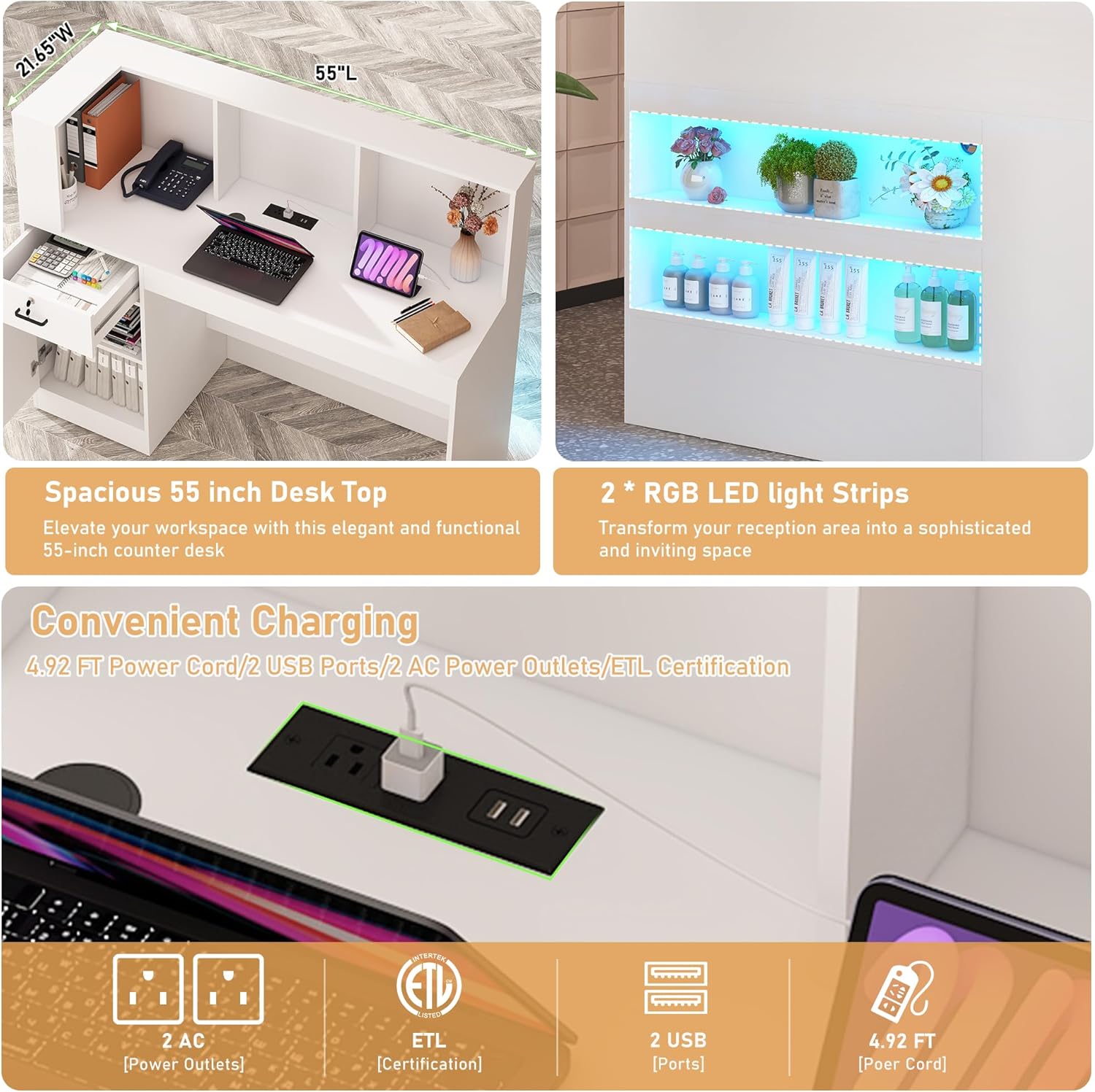 ANPOO 55" L-Shaped Reception Desk with LED Lights & Power Outlets - Front Desk with Cable Grommet & Lockable Drawers, Multi-Use Retail Checkout Counter for Lobby, Salon & Home Office