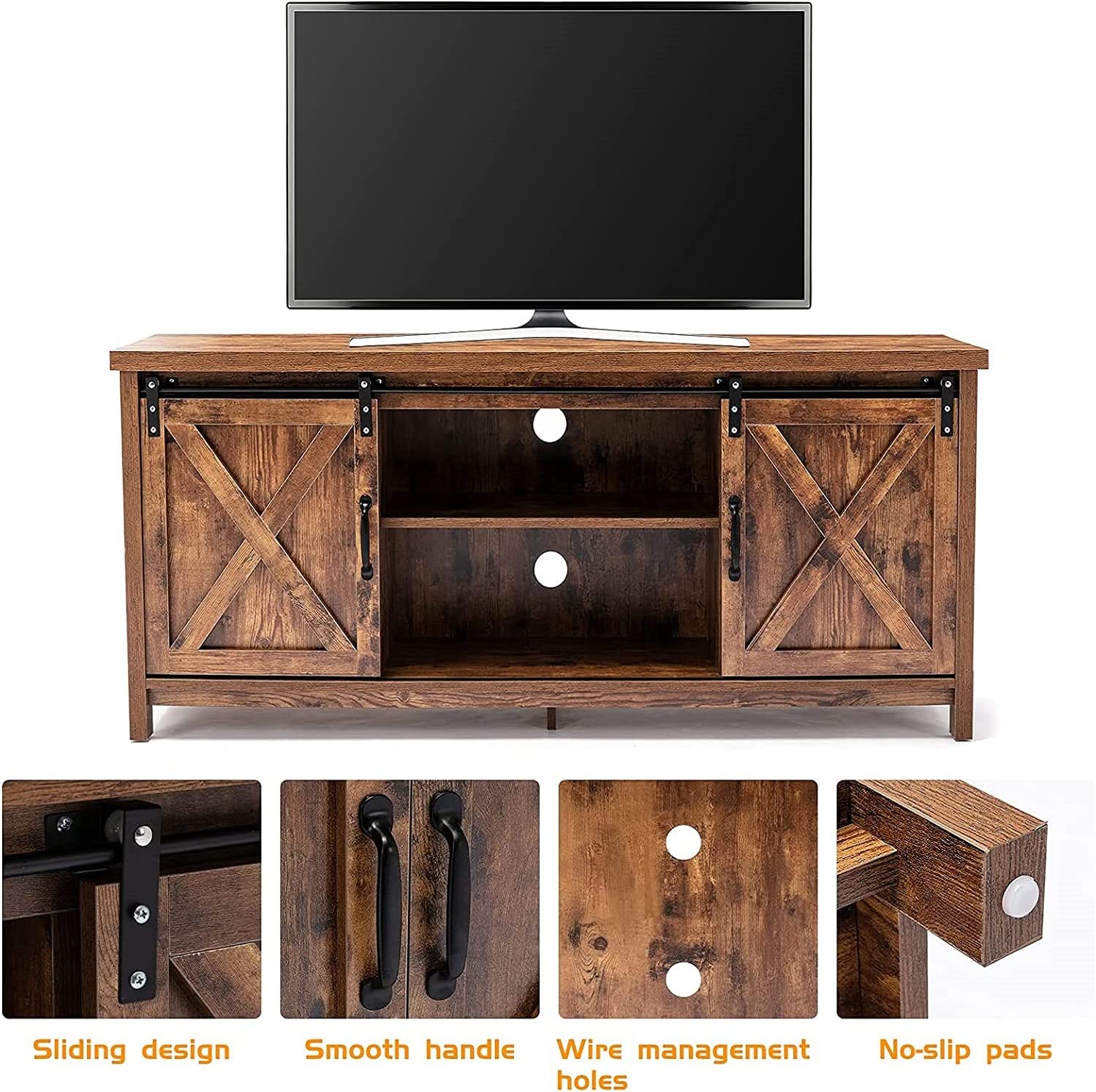 58" Farmhouse Sliding Barn Door TV Stand for TVs up to 65" Television Cabinet(Dark gray), Wood, Metal