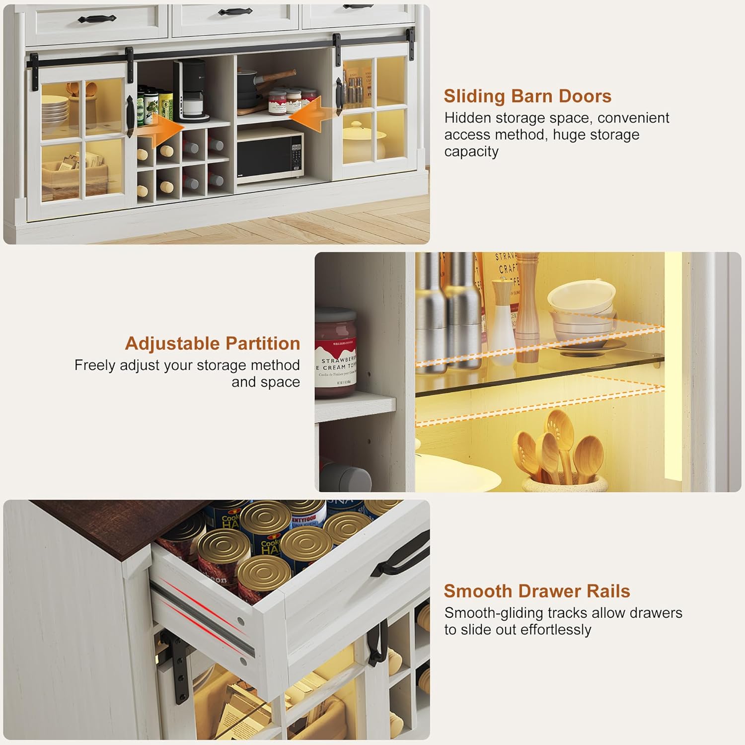 66" Large Sideboard Buffet Cabinet with Sensor Lights and 3 Drawers, Modern Farmhouse Coffee Bar Cabinet with 8 Storage Wine & Sliding Glass Doors for Kitchen Dining Room Living Room