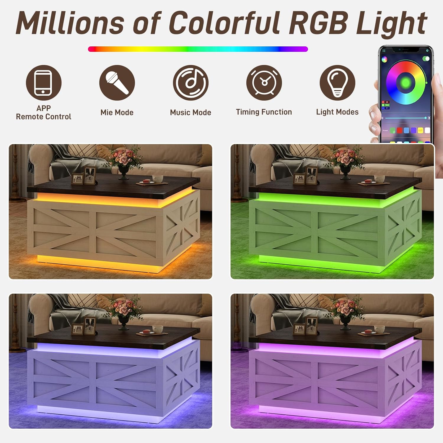 ChVans Farmhouse Lift Top Coffee Table, 35.8'' Large Square Coffee Table with Flip-Up Hidden Storage Compartment, White Center Table with LED Light for Living Room, Bedroom, Home Office