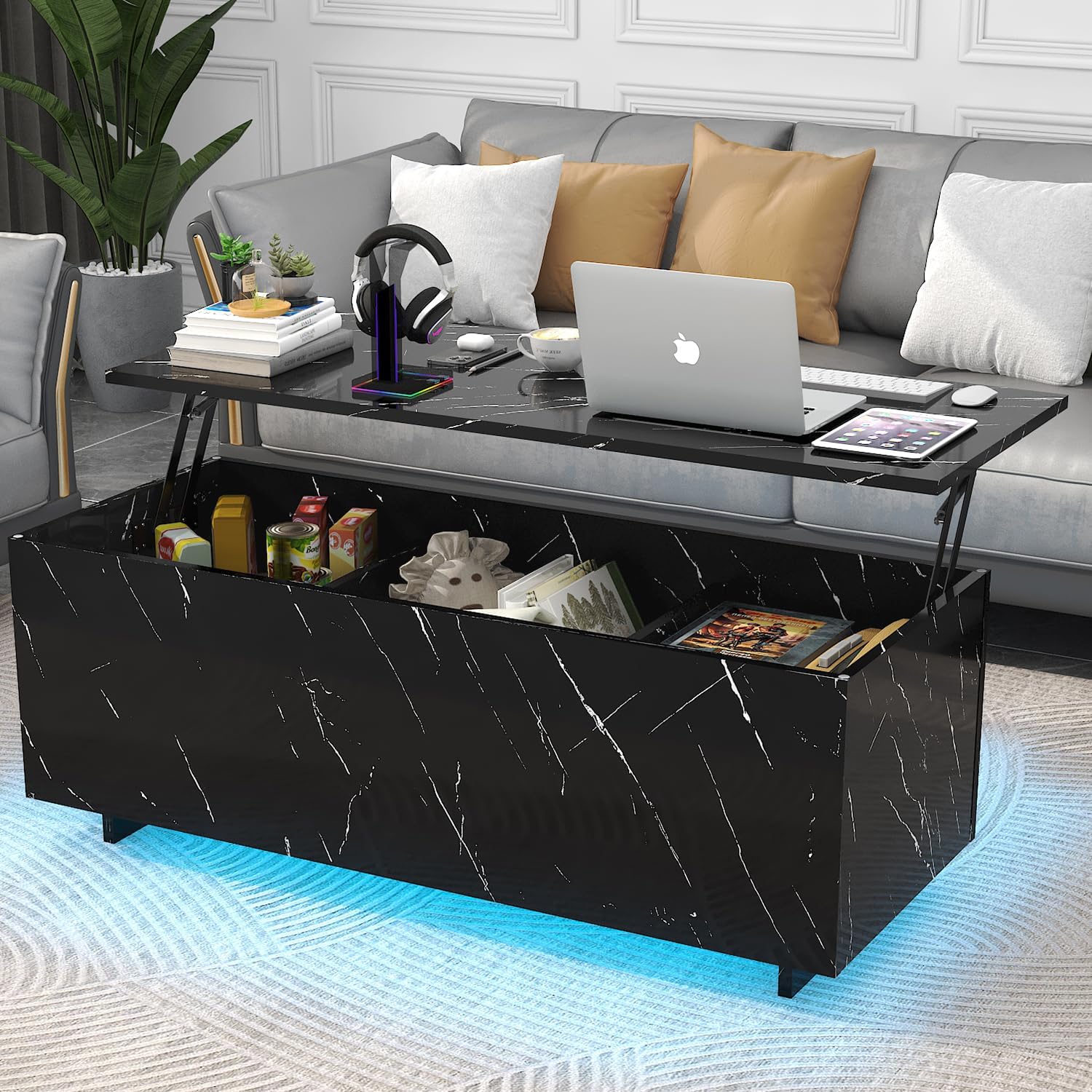 SHIYAO 47inch Modern LED Coffee Tables Lift Top with Storage and Hidden Compartment, High Glossy Coffee Tables with 20 Colors LED Light