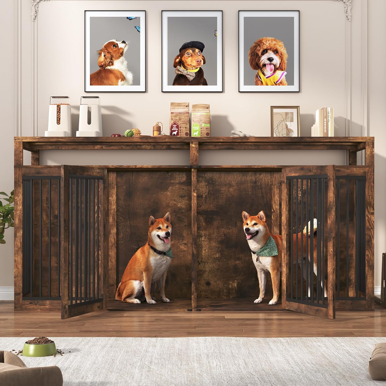 87" Large Farmhouse Dog Crate TV Stand,Wooden Dog Crate Furniture with 4 Lockable Doors/Solid Metal Tube,XL-XXL Heavty Duty Dog Crates Furniture for 2 Medium or Large Dogs,Rustic Brown