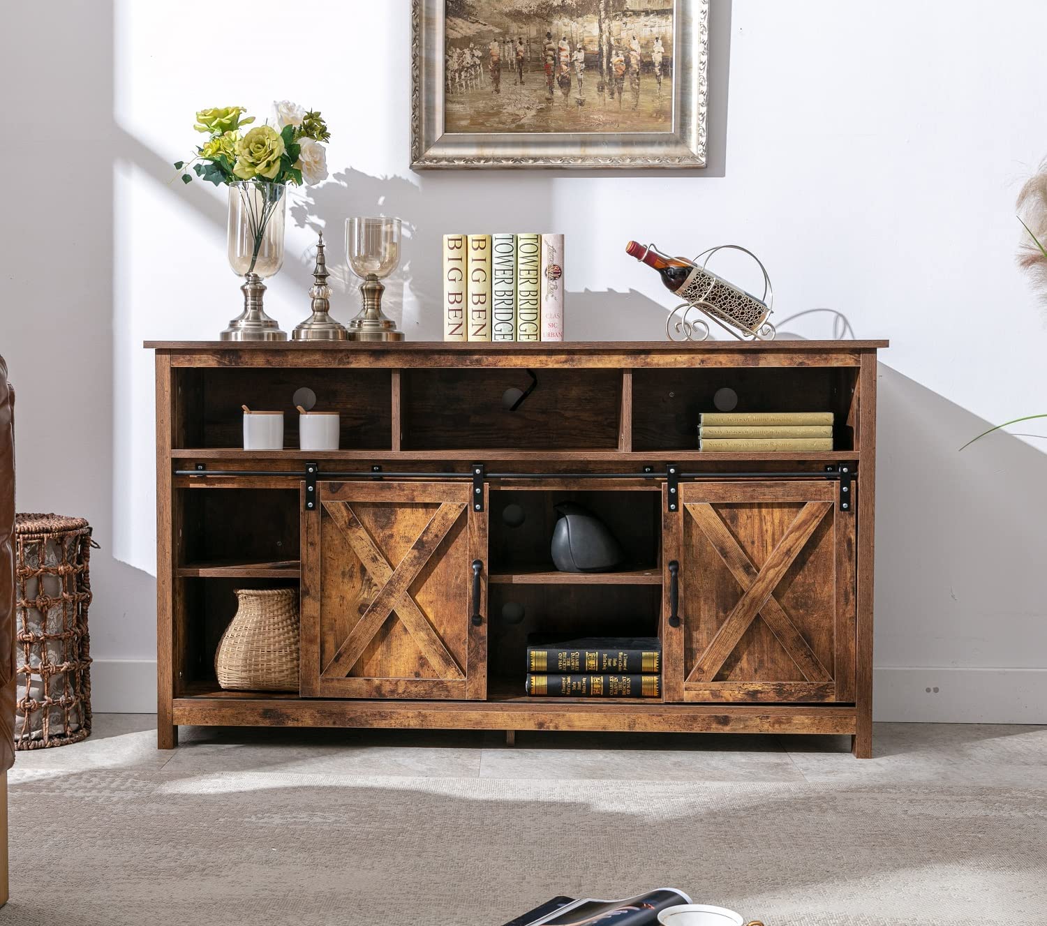 Farmhouse Barn Door TV Cabinet Up to 65" TV Media Console with Open Shelves Adjustable Storage, Entertainment Center with Power Outlets