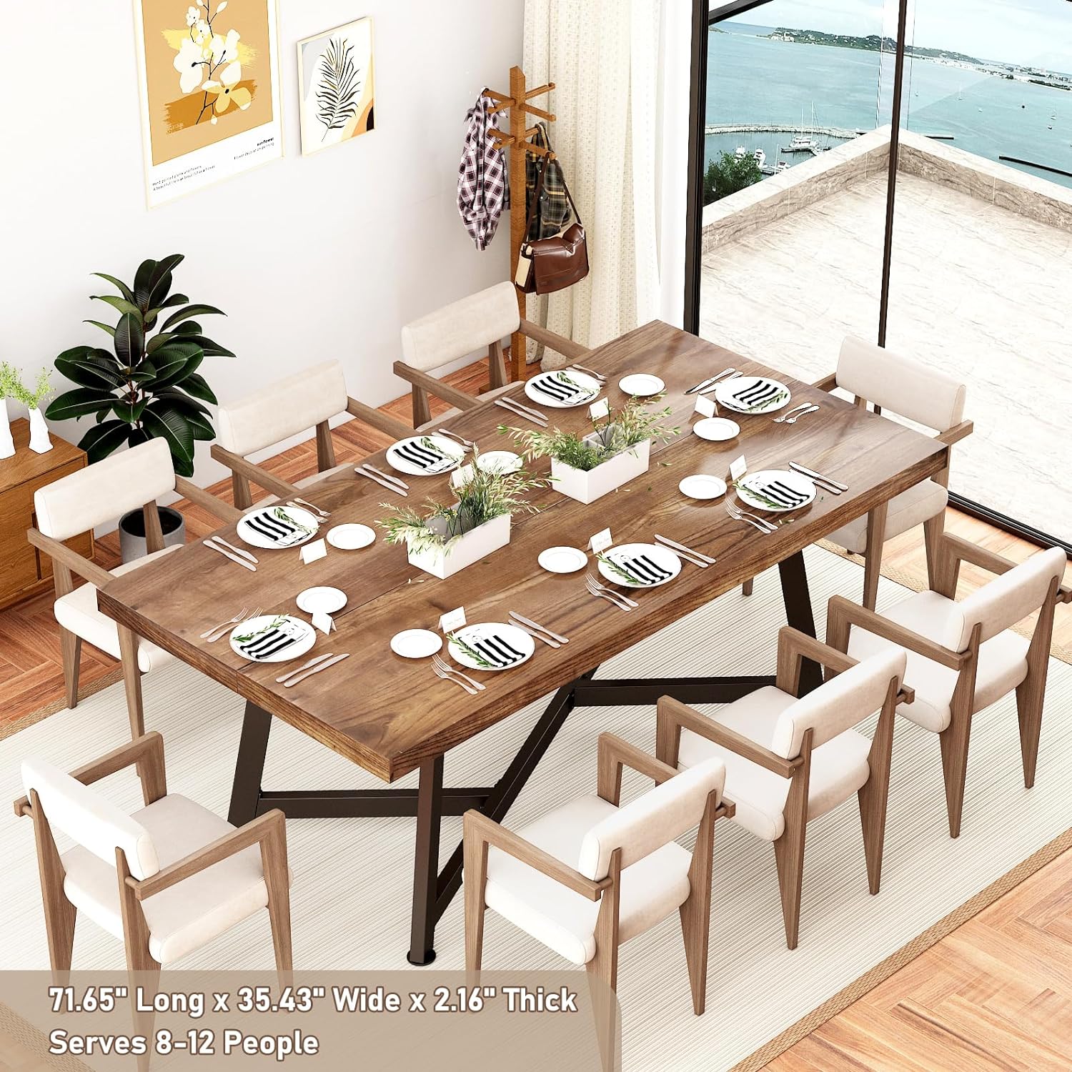 ChVans 72" Solid Wood Dinner Table for 6-10 Person, Modern Farmhouse Kitchen Table, Rectangular Rustic Farmhouse Dining Table for Gathering, Meeting, Office Kitchen, Dining Living Room(Brown-72")