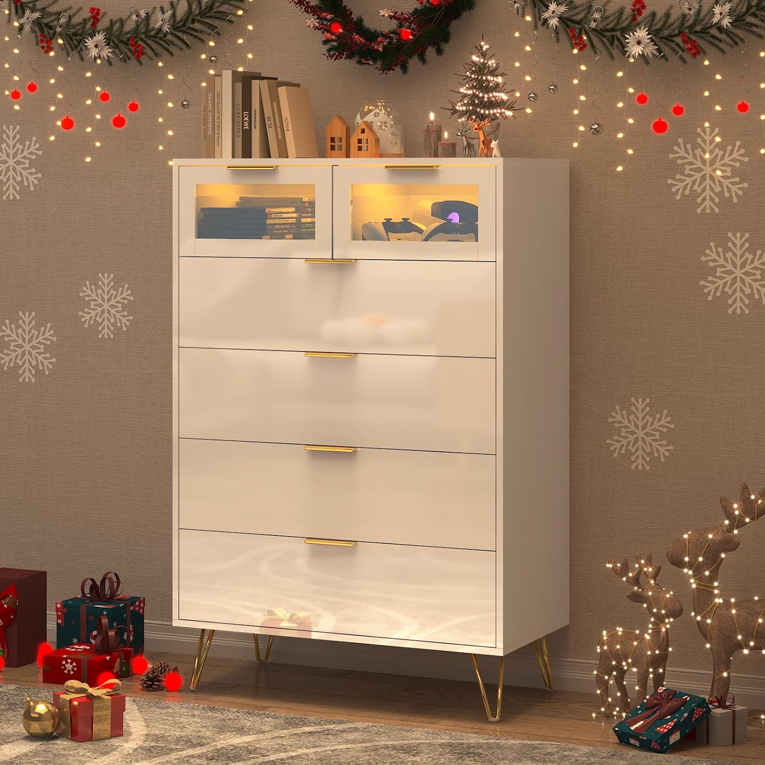 ChVans 6 Drawers Dresser with LED Light, Modern Dressers & Chests of Drawers with Metal Handles for Bedroom, Living Room, Entryway, Hallway(Black)