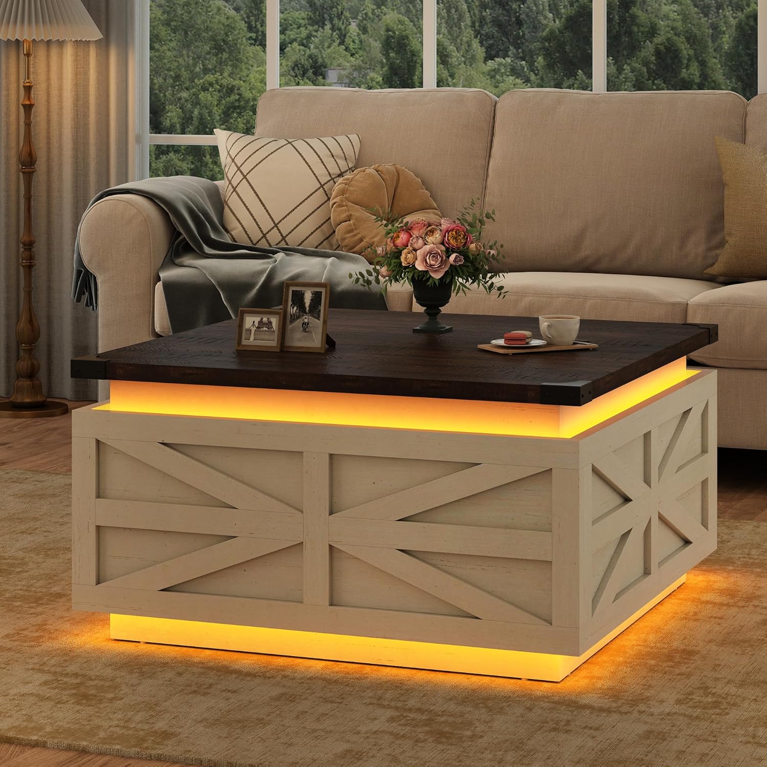 ChVans Farmhouse Lift Top Coffee Table, 35.8'' Large Square Coffee Table with Flip-Up Hidden Storage Compartment, White Center Table with LED Light for Living Room, Bedroom, Home Office