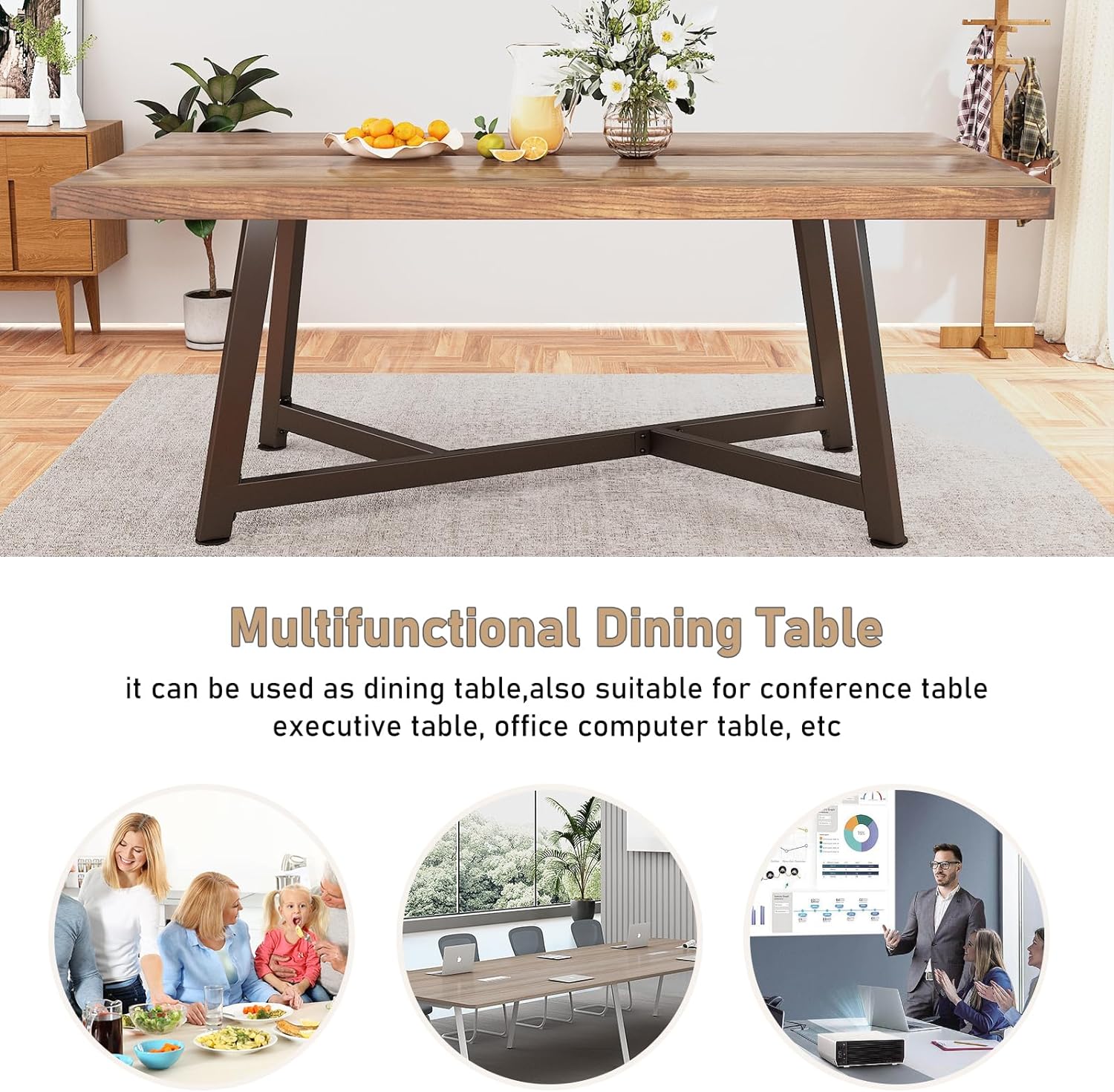 ChVans 72" Solid Wood Dinner Table for 6-10 Person, Modern Farmhouse Kitchen Table, Rectangular Rustic Farmhouse Dining Table for Gathering, Meeting, Office Kitchen, Dining Living Room(Brown-72")
