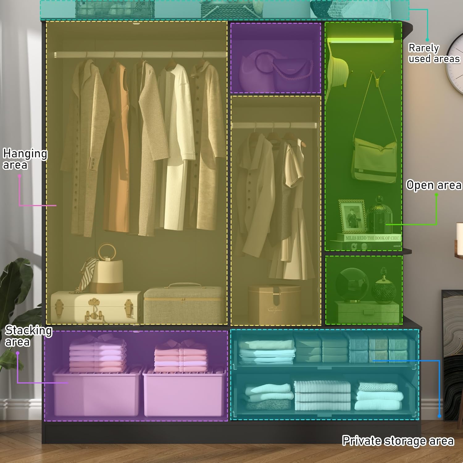 ChVans 71'' Armoire Wardrobe Closet with Mirror and Sensor Light, Modern Large Wooden Armoire Closet with 3 Doors, 2 Drawers, 4 Hooks, 2 Hanging Rods, Open Space for Bedroom