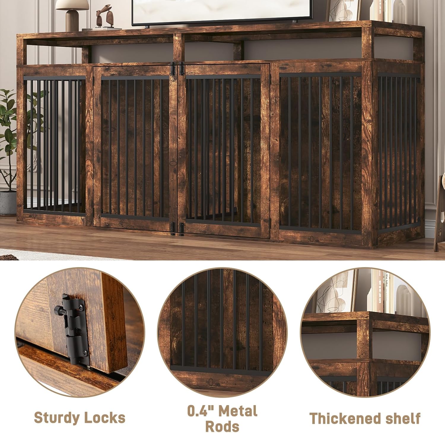 87" Large Farmhouse Dog Crate TV Stand,Wooden Dog Crate Furniture with 4 Lockable Doors/Solid Metal Tube,XL-XXL Heavty Duty Dog Crates Furniture for 2 Medium or Large Dogs,Rustic Brown