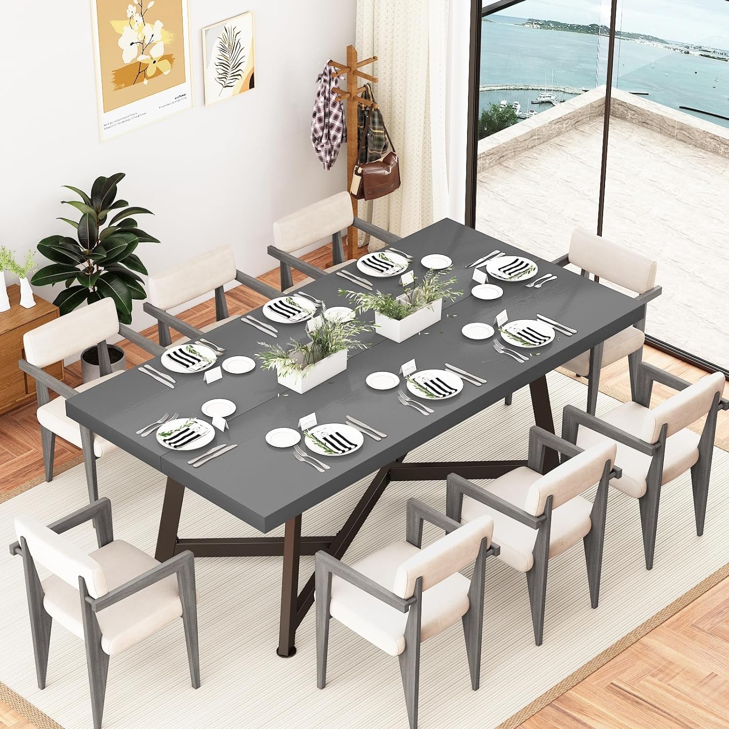 ChVans 72" Solid Wood Dinner Table for 6-10 Person, Modern Farmhouse Kitchen Table, Rectangular Rustic Farmhouse Dining Table for Gathering, Meeting, Office Kitchen, Dining Living Room(Brown-72")