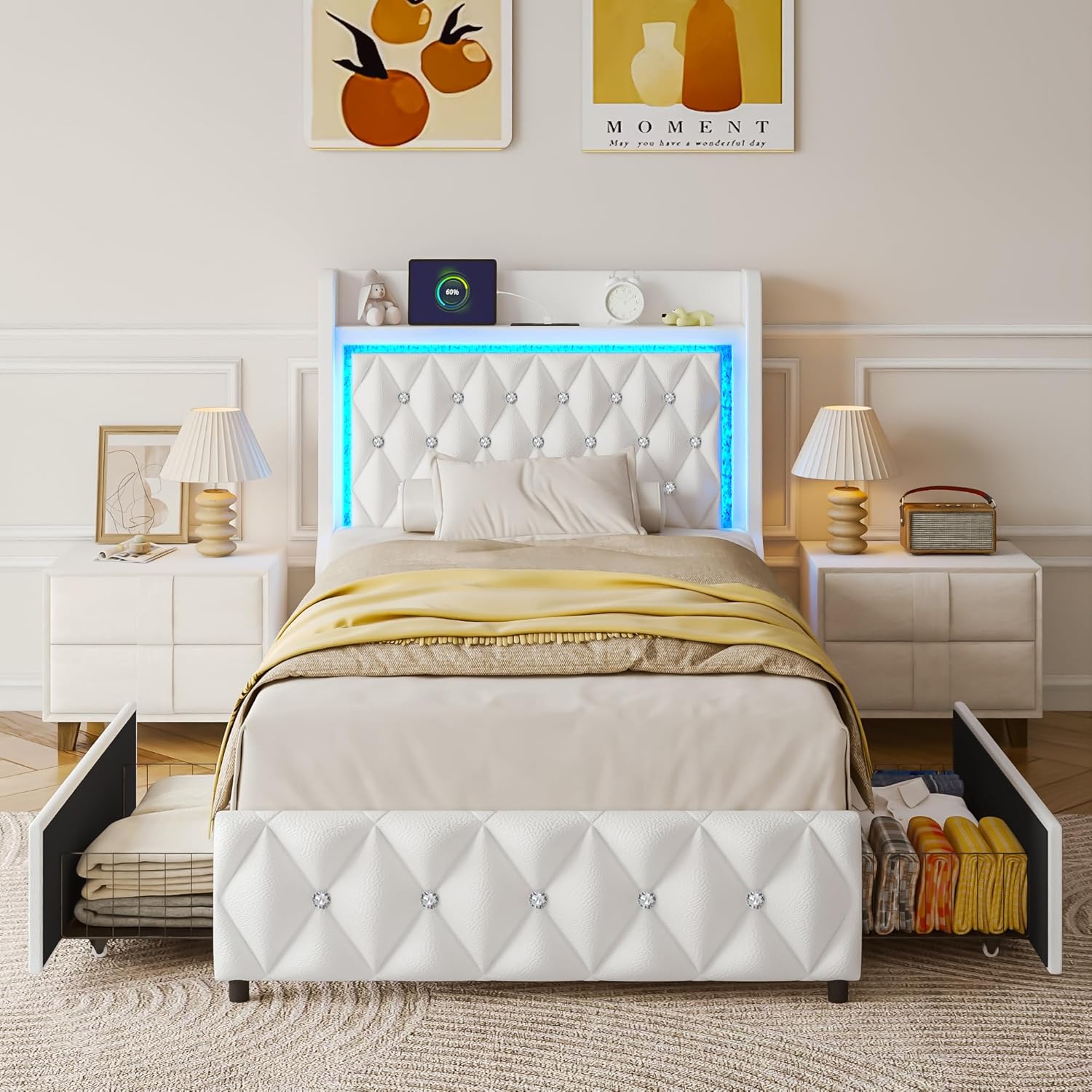 LED Bed Frame with Power Outlet & 4 Drawers, Upholstered PU Leather Platform Bed with Diamond Tufted Storage Headboard&Footboard, No Box Spring Needed, Noise Free