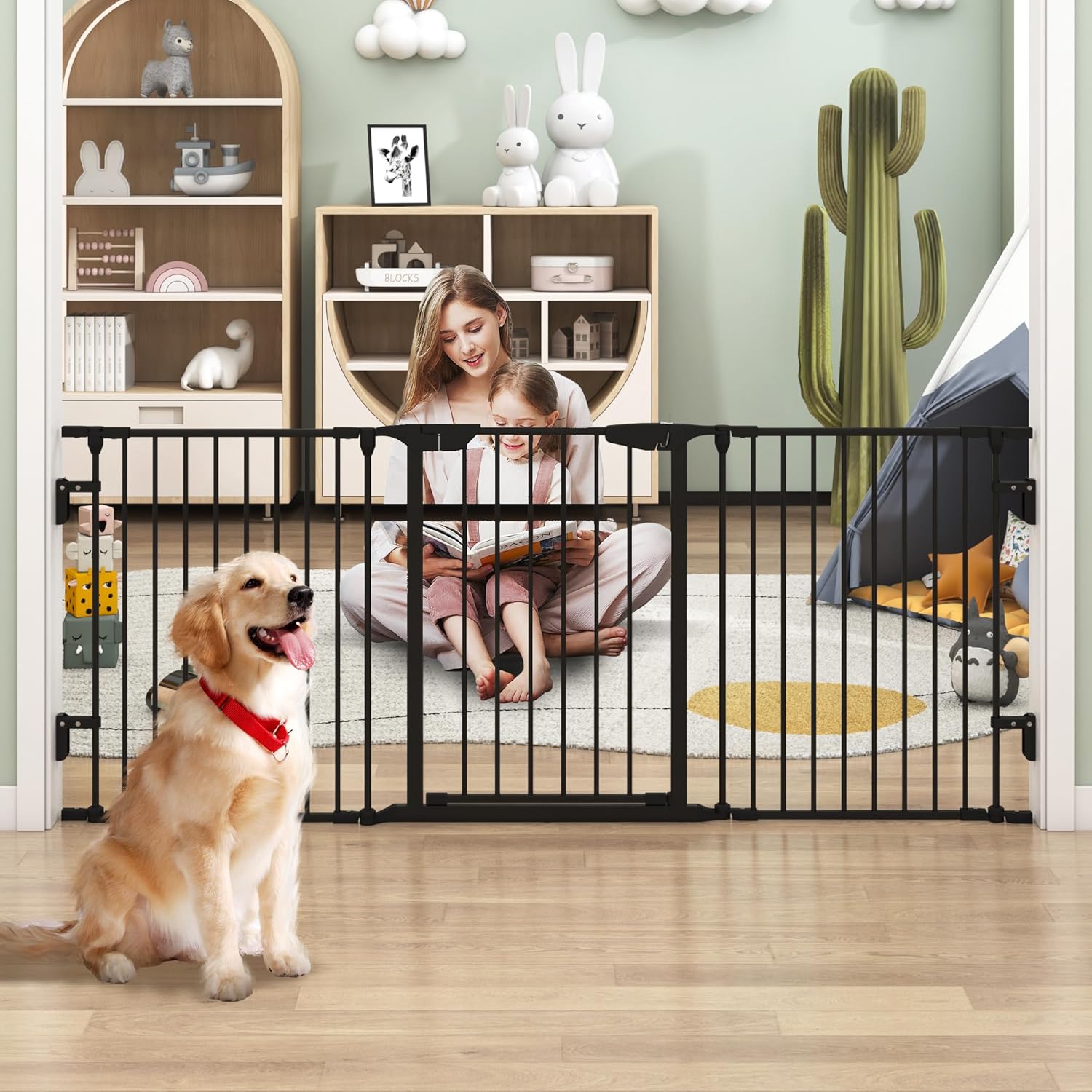 ChVans 74" Wide Fireplace Safety Fence, Metal Baby Gate with Door, Safety Fence for Toddlers/Pets/Dogs, 3-Panel