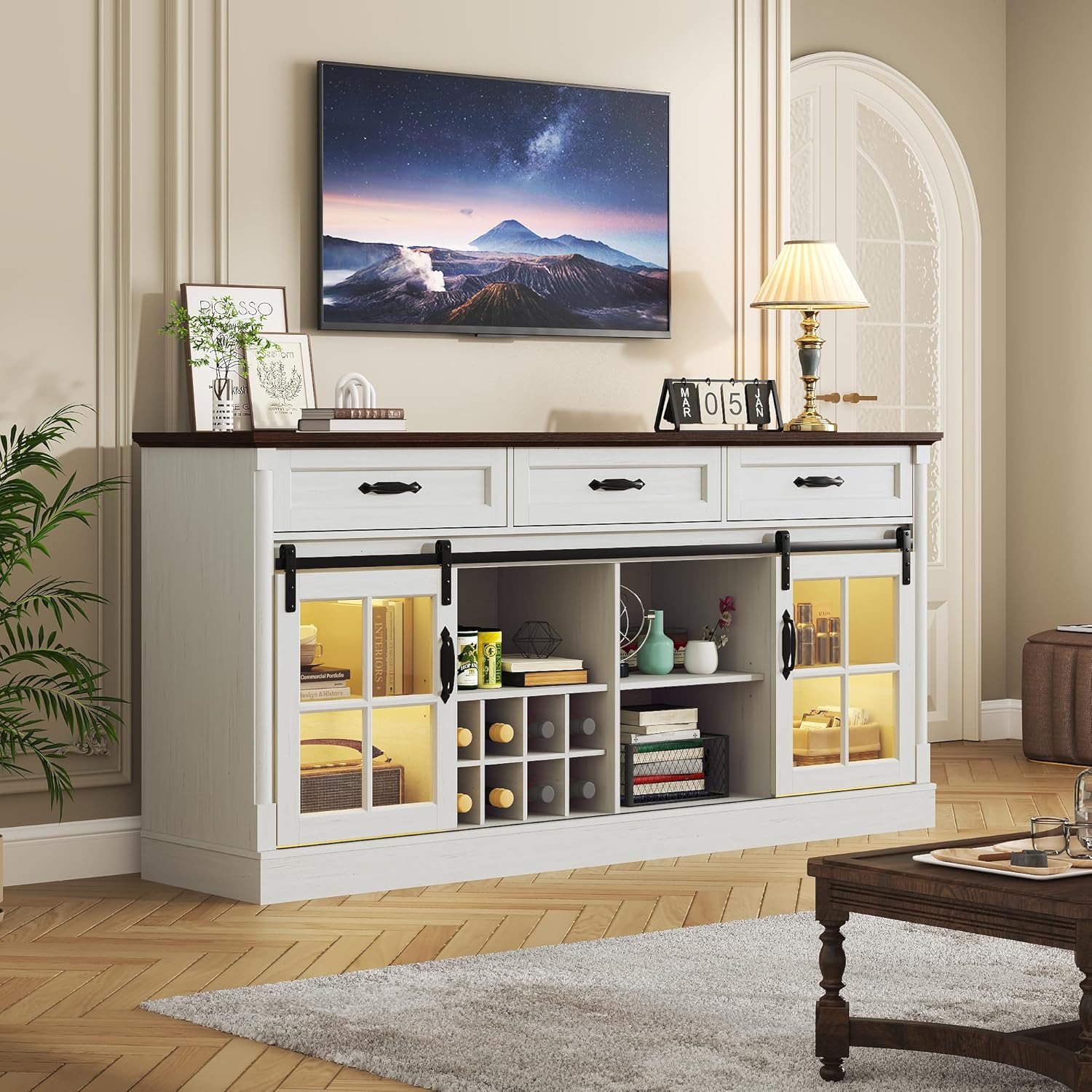 66" Large Sideboard Buffet Cabinet with Sensor Lights and 3 Drawers, Modern Farmhouse Coffee Bar Cabinet with 8 Storage Wine & Sliding Glass Doors for Kitchen Dining Room Living Room