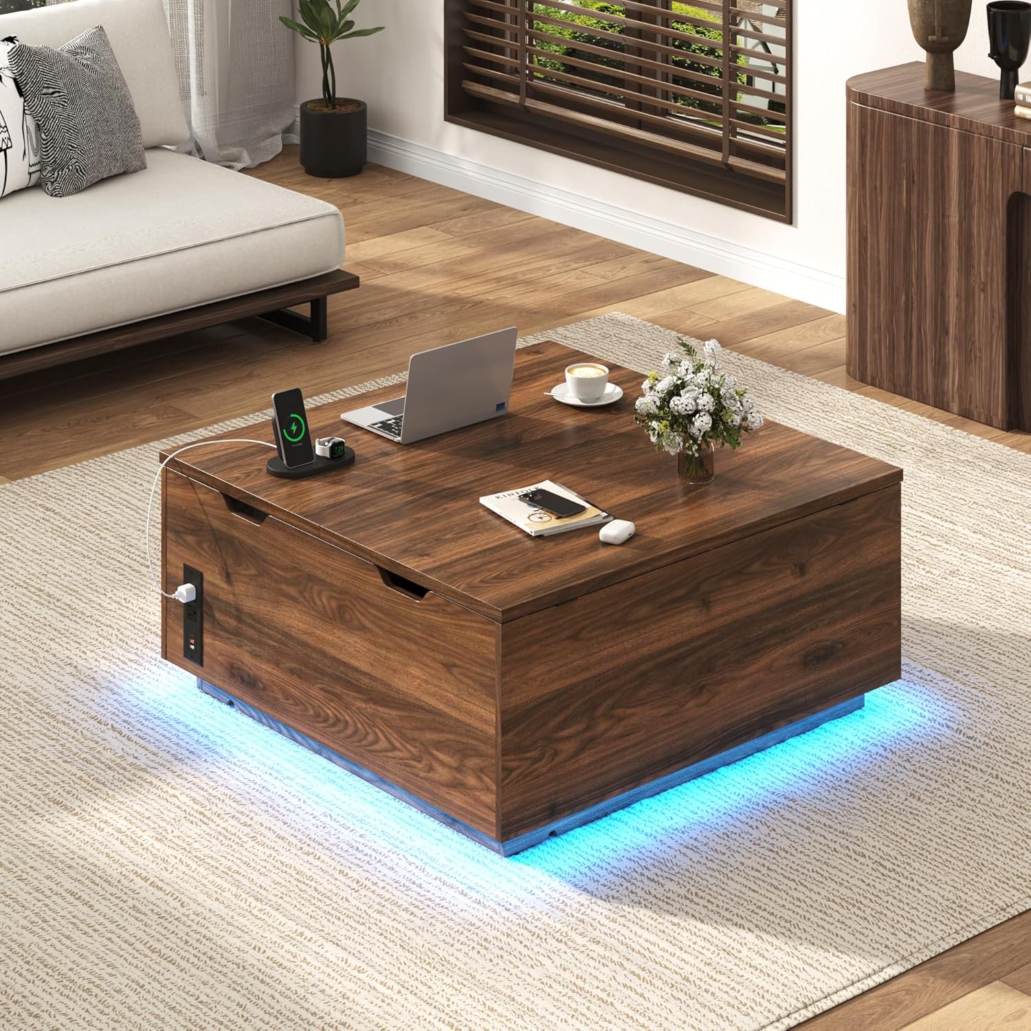 Lift Top Coffee Table with Led Light and Charging Station, 36" Modern Walnut finish Coffee Table with Large Hidden Space, Square Center Coffee Tables for Living Room, Office