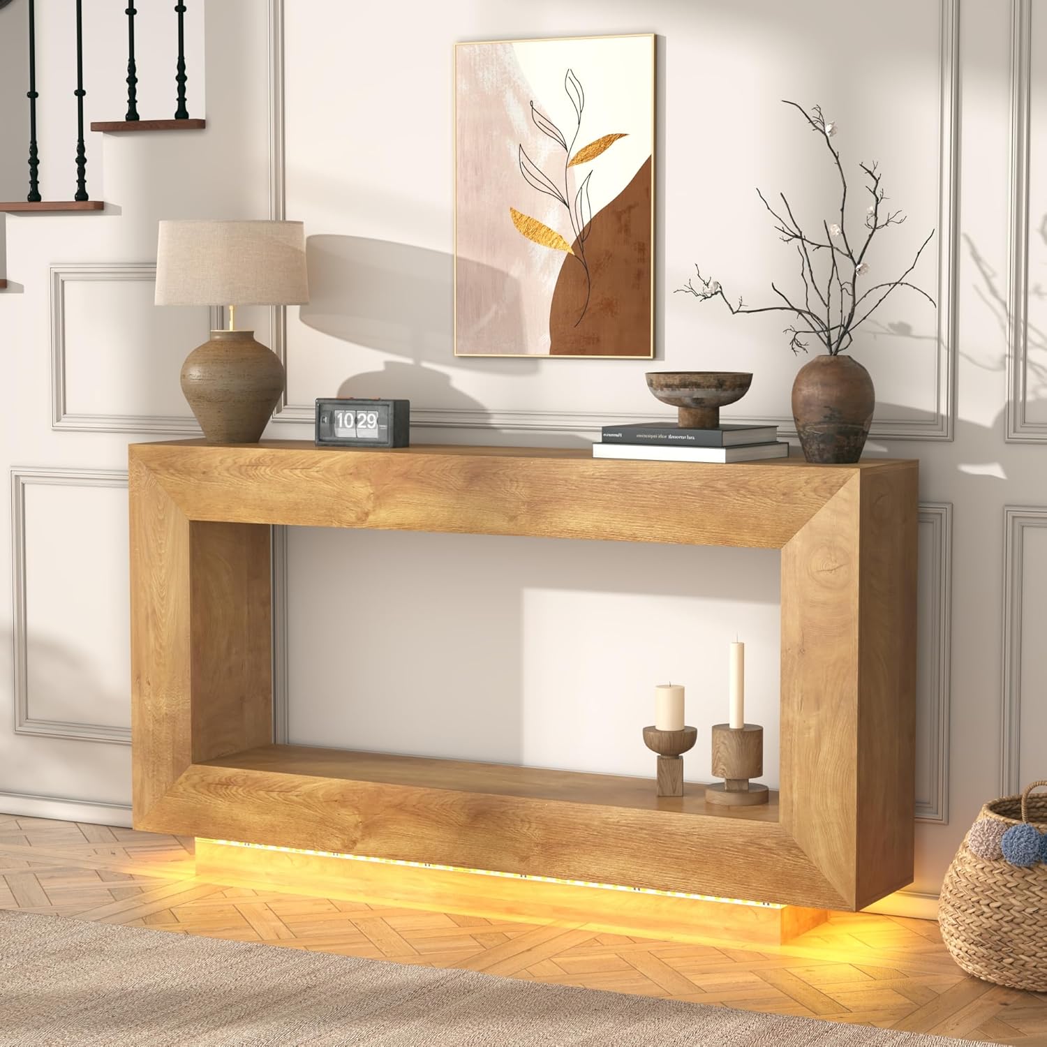 63" Long Farmhouse Console Table, Wood Entryway Accent Table with Storage & LED Lights, Floating Design for Living Room, Entrance, Hallway, Foyer