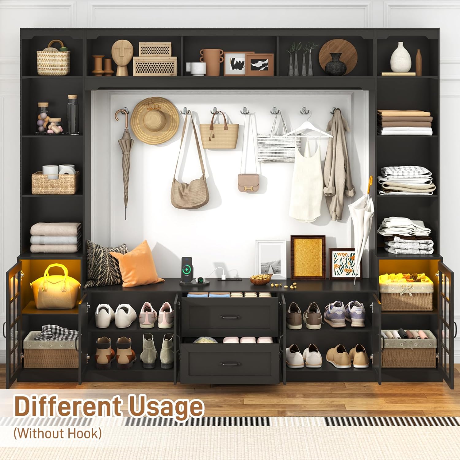 ChVans 103" W Wall Unit TV Stand with Storage for TVs up to 80", Modern TV Console with LED Lights, Entertainment Center with Bookshelves for Living Room