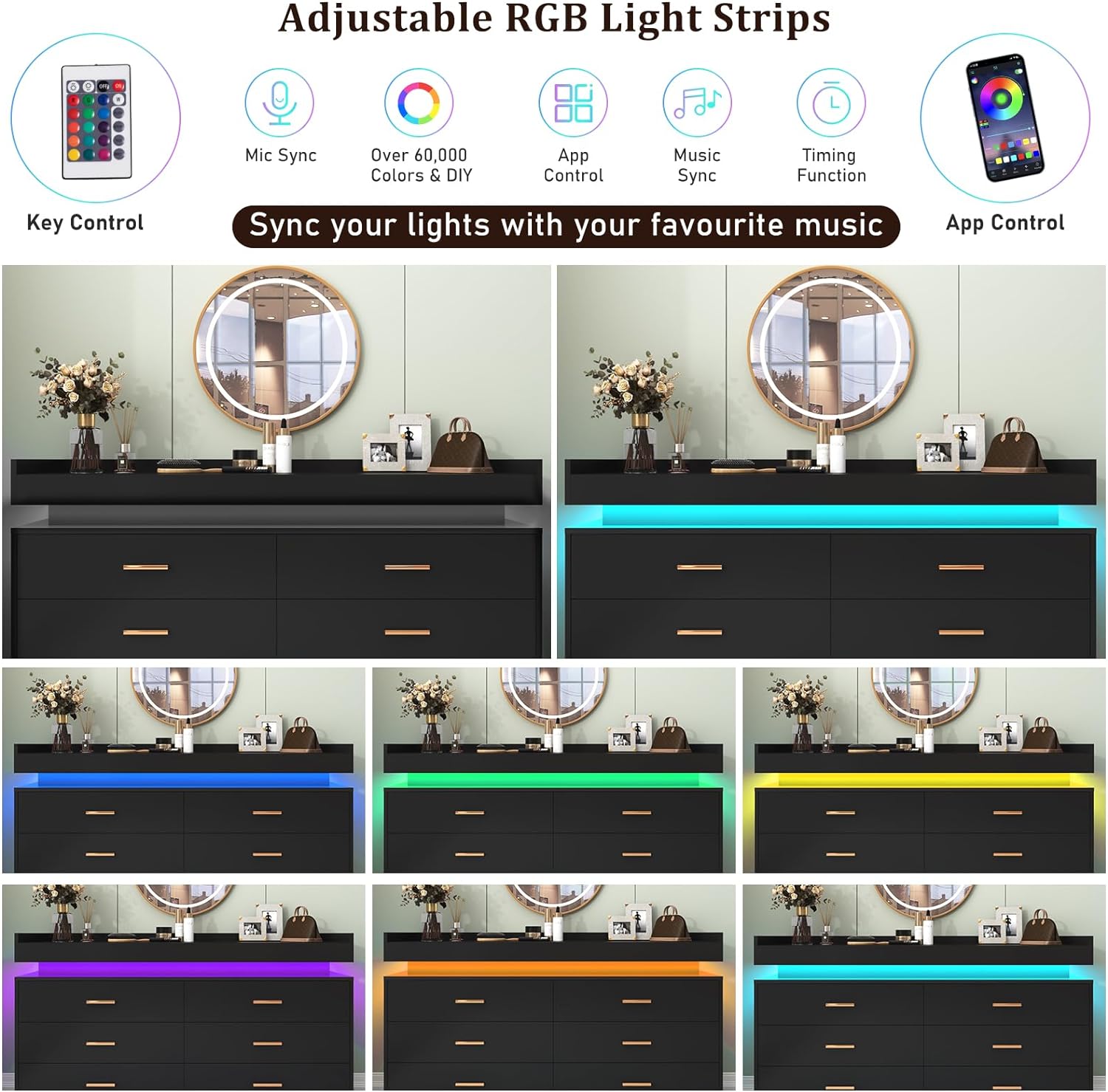 White Dresser with LED Light, Modern Wood Dresser with Wide Drawers and Metal Handles, 6 drawer dresser for Bedroom, Living Room, Entryway, Hallway