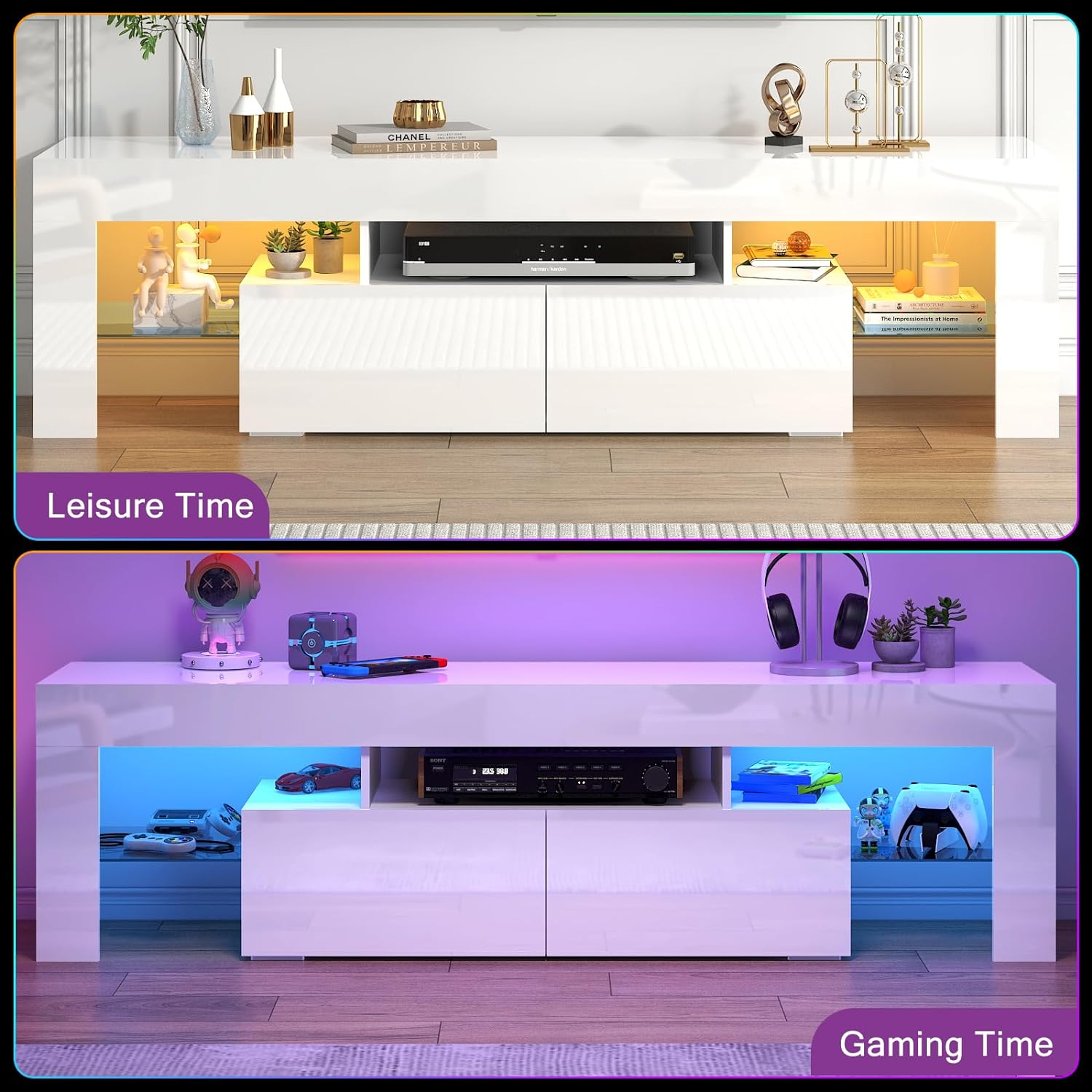 ChVans LED TV Stand for 65/75/85 inch TV, High Glossy Modern Entertainment Center with Drawer and LED Lights